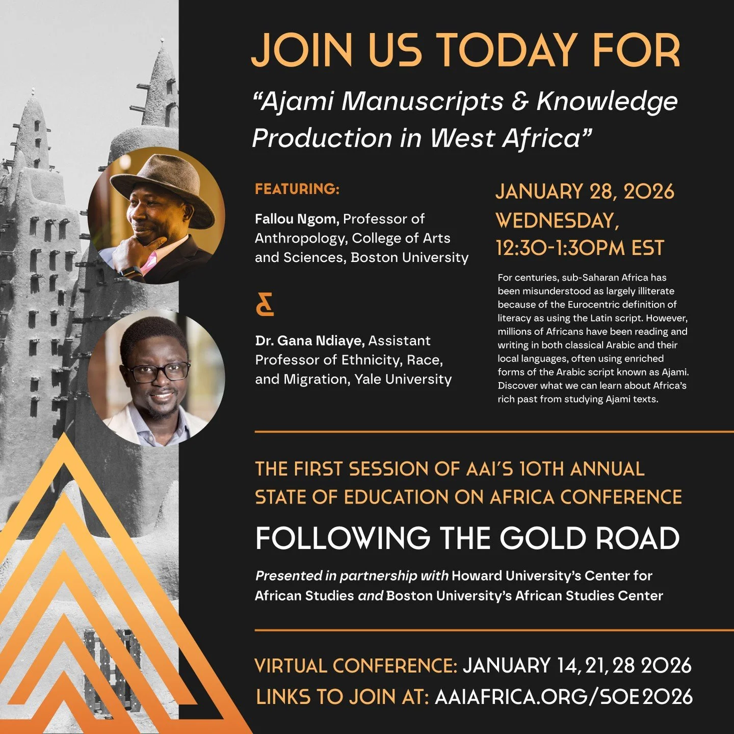 Today is the finale of AAI's 2026 State of Education on Africa Conference! Join us at 12:30pm EST for "Ajami Manuscripts &amp; Knowledge Production in West Africa" with Prof. Fallou Ngom and Dr. Gana Ndiaye. Webinar link available at aaiafr