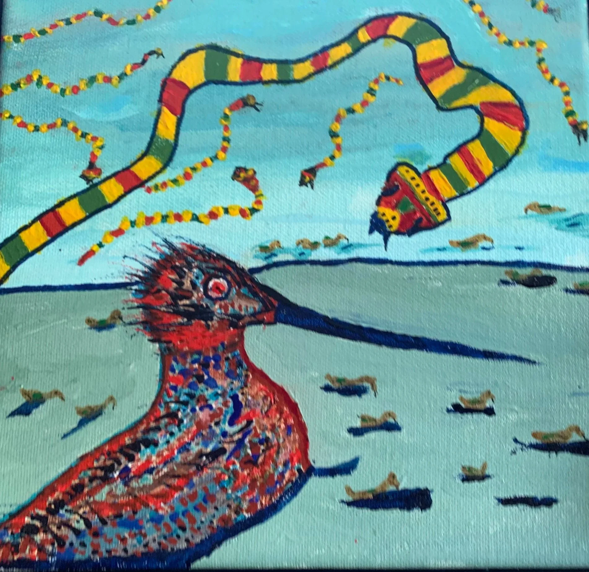 Bird and Snake, acrylic on canvas, 12x12 
— 2024