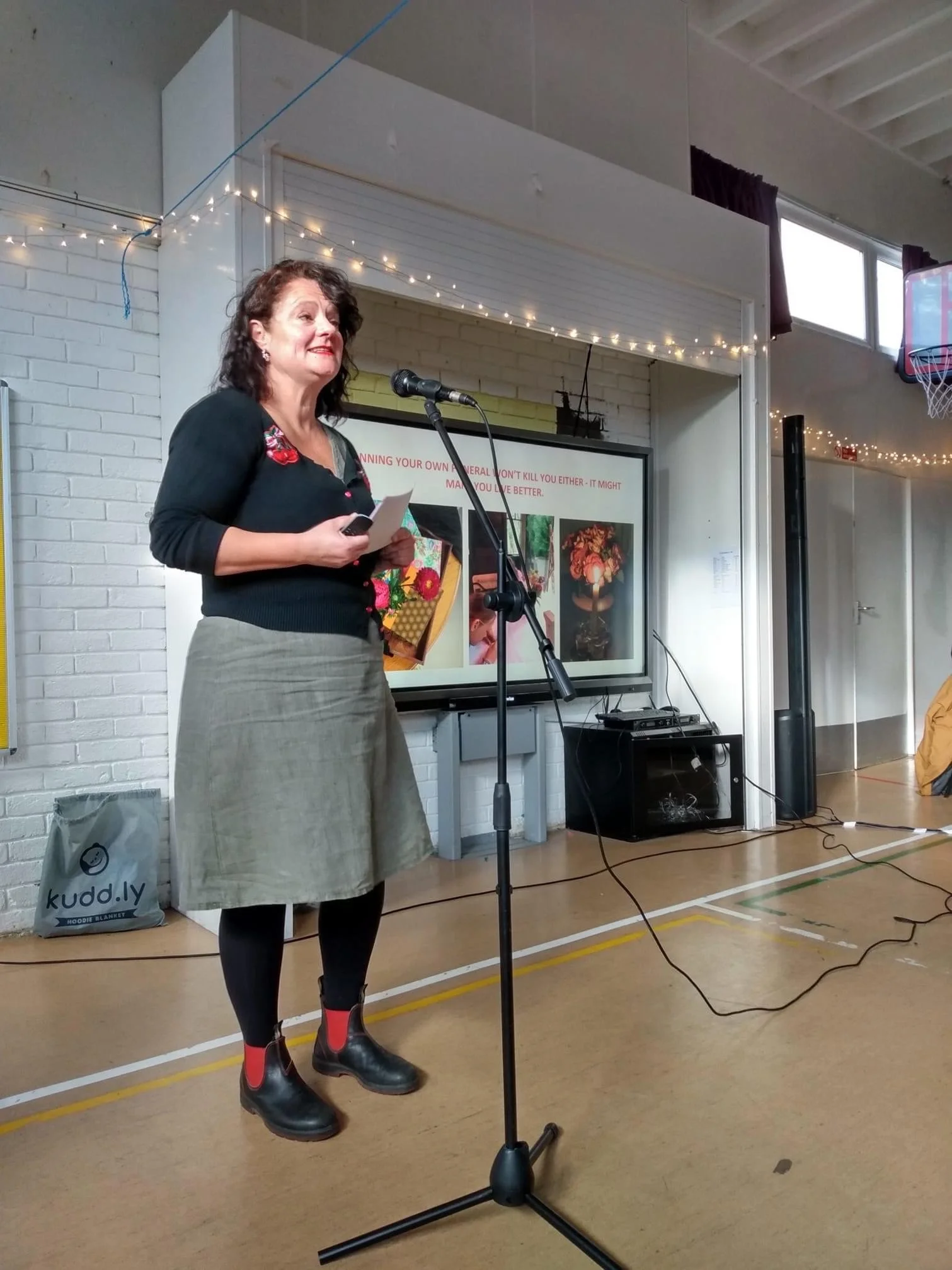 Gitte talking at Sunday Assembly in January, in Brighton, where Coffin Club Brighton gave a talk.