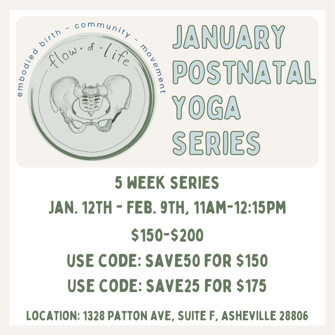 Flyer for Jan Prenatal Yoga Series, 5-week program from Jan 12 to Feb 9, 5:30-7:00 PM, at The Yoga Home, with prices $150-$200, discount codes SAVE50 and SAVE25, includes artistic drawing of a pelvis with labels, and an circular icon with words '