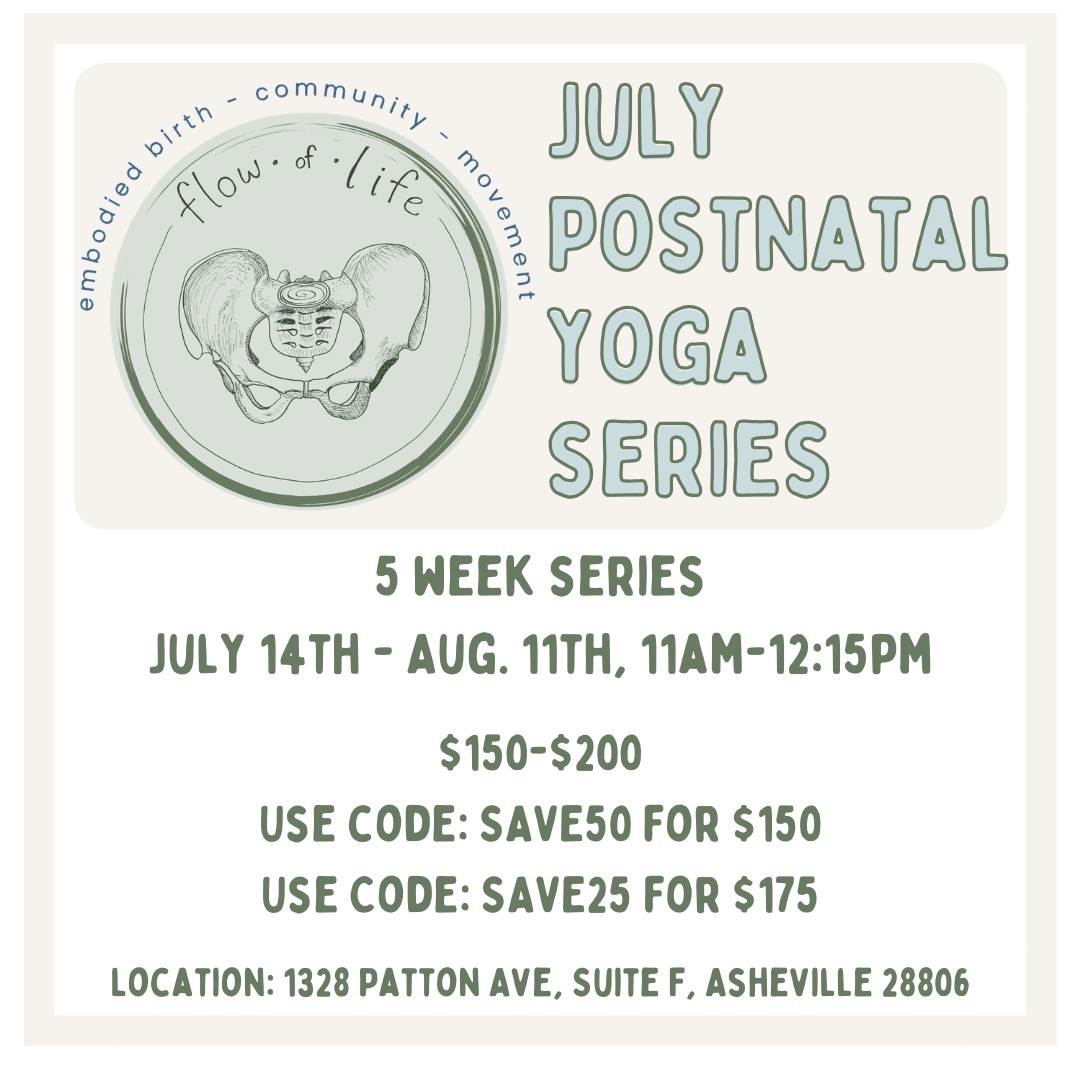Poster for July Postnatal Yoga Series, 5-week series from July 14 to August 11, 11am-12:15pm, costing $150-$200 with discount codes. Features a drawing of a pelvis.