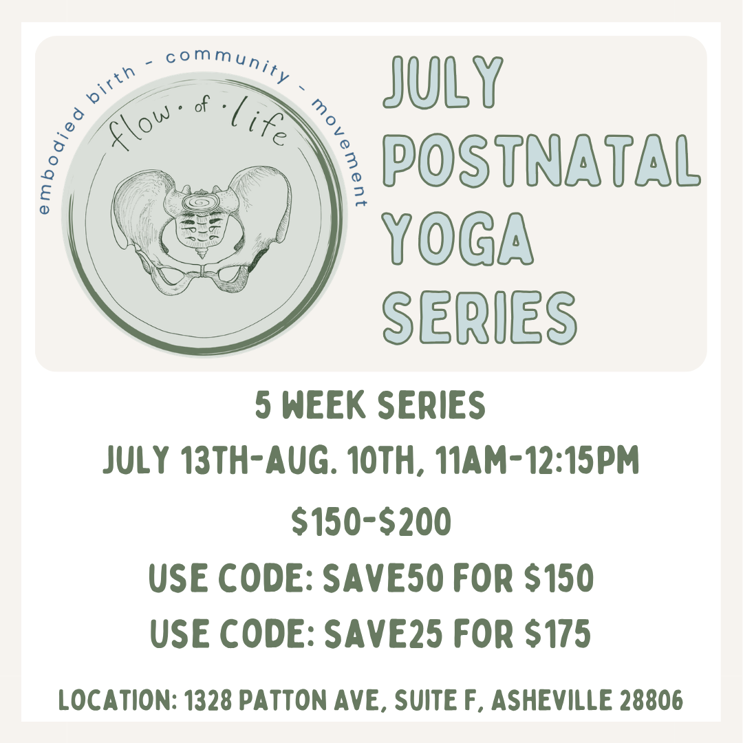 Poster for July Postnatal Yoga Series, 5-week series from July 14 to August 11, 11am-12:15pm, costing $150-$200 with discount codes. Features a drawing of a pelvis.