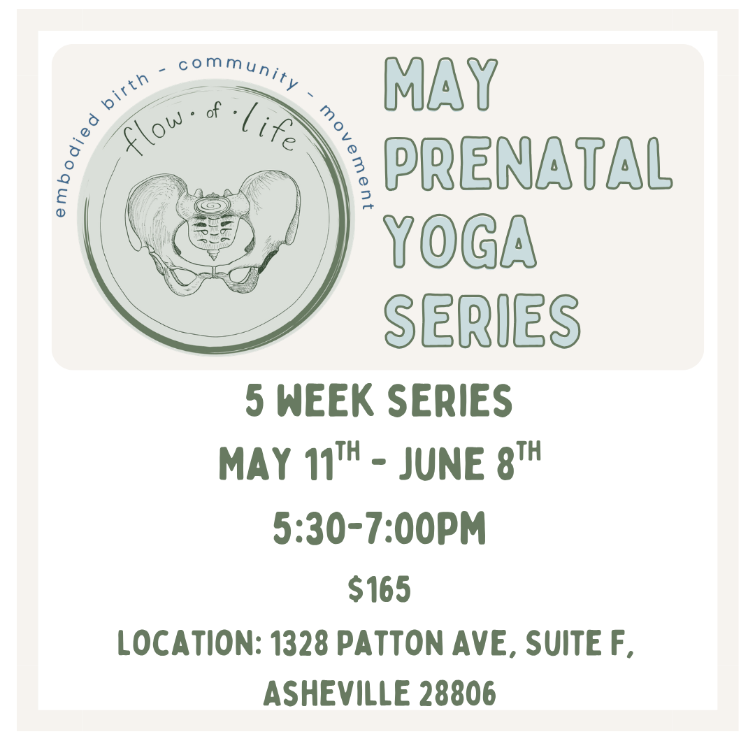 Flyer for May Prenatal Yoga Series, 5-week program from May 11 to June 8, 5:30-7:00 PM, at The Yoga Home, with prices $150-$200, discount codes SAVE50 and SAVE25, includes artistic drawing of a pelvis with labels, and an circular icon with words '