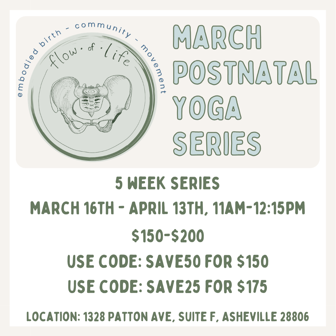 Flyer for March Prenatal Yoga Series, 5-week program from Mar 16 to Apr 13, 5:30-7:00 PM, at The Yoga Home, with prices $150-$200, discount codes SAVE50 and SAVE25, includes artistic drawing of a pelvis with labels, and an circular icon with words '