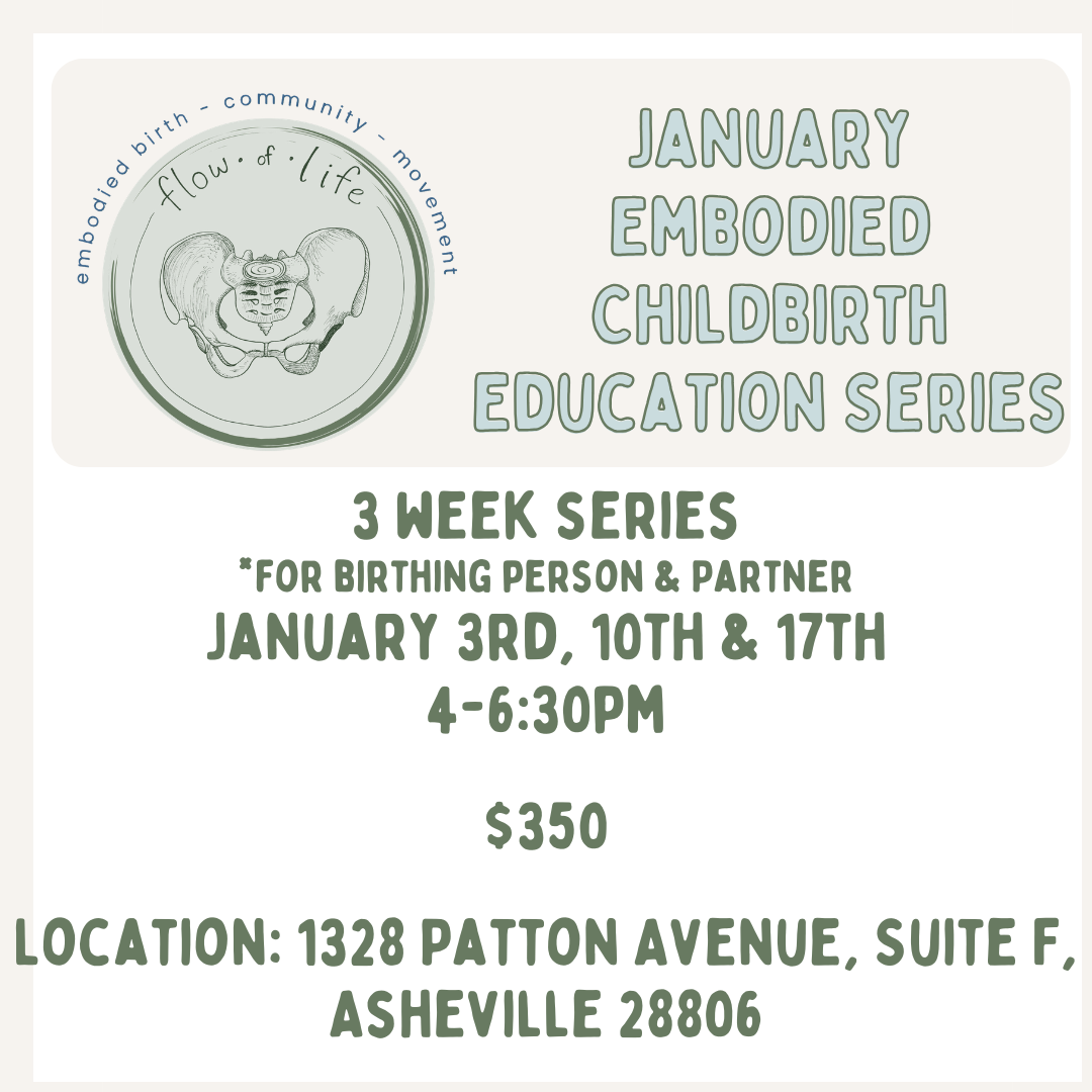 Flyer for January Embodied Childbirth Education Series, a 4-week series for birthing person and partner, with dates January 3rd, 9th, and 17th, from 4-6:30pm, featuring a logo with a pelvic illustration and the words 