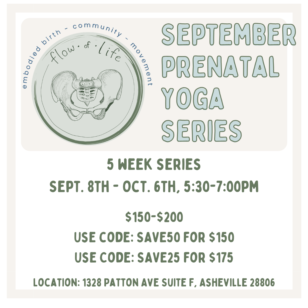 Flyer for September Prenatal Yoga Series with details about the 5-week classes from September 8th to October 6th, held at The Yoga Home. Includes pricing, discount codes, and a logo featuring a pelvis with the words 'flow of life' written around it.