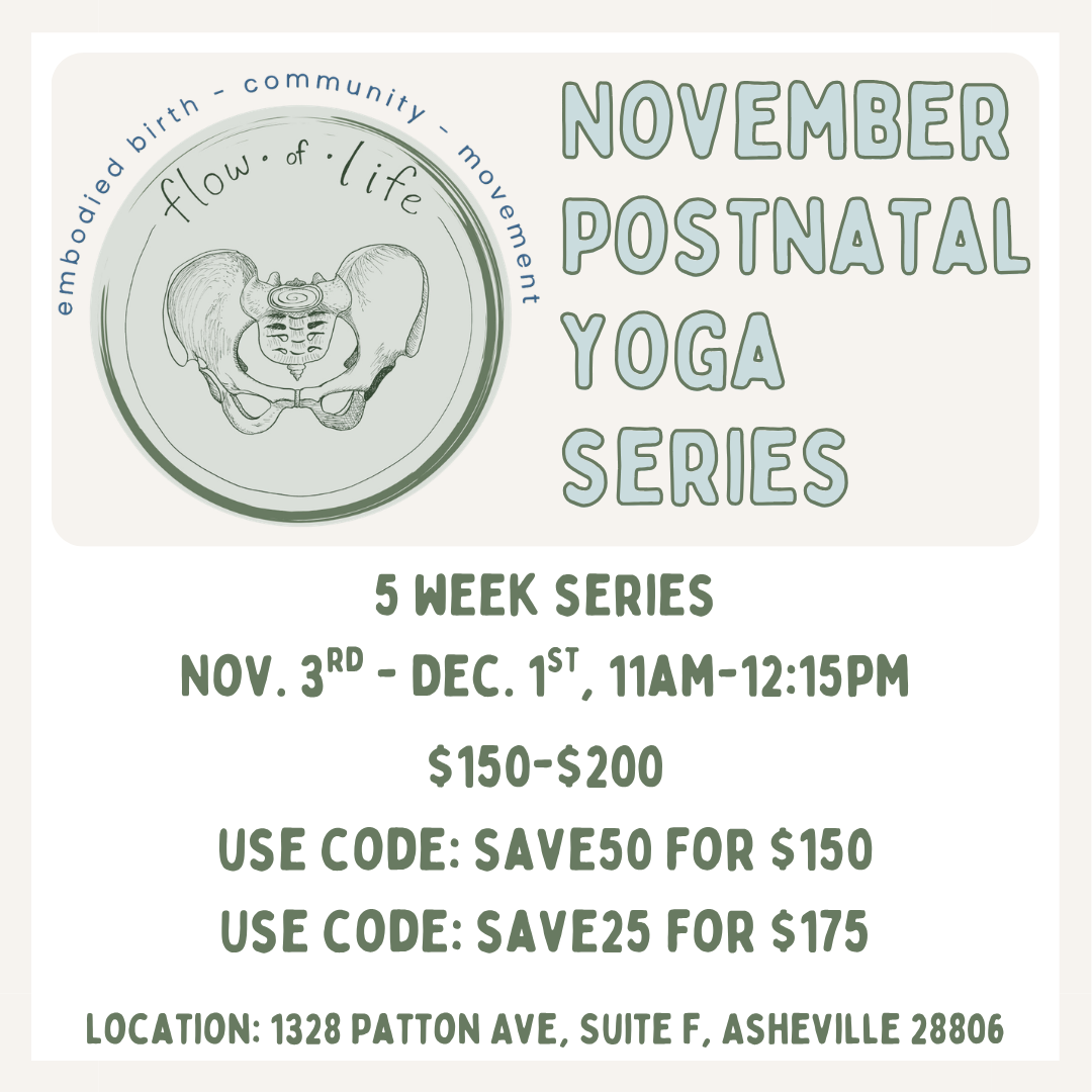 A promotional flyer for a November postpartum yoga series with information about a 5-week series from November 3rd to Dec 1st, held  11AM to 12:15PM. The flyer features a circular logo with a line drawing of a pelvis and the words 'flow of life' and related terms. Pricing is $150-$200, with discount codes for savings.