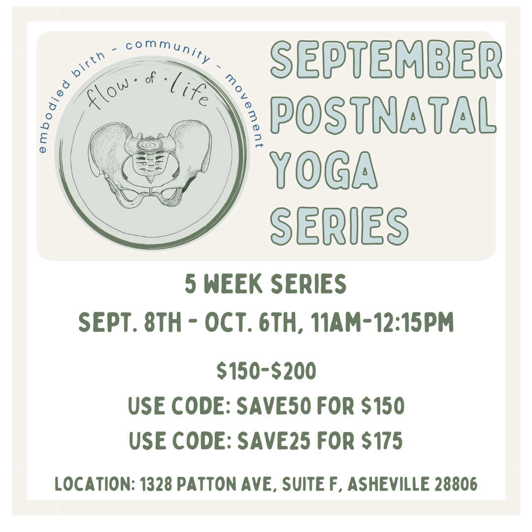 Poster for September Postnatal Yoga Series, 5-week series from September 8 to October 6, 11am to 12:15pm, featuring details on pricing and discount codes, with a design including a circular illustration of a pelvis and a word cloud with terms like 'embodied,' 'birth,' 'community,' 'movement,' 'flow,' and 'life'.