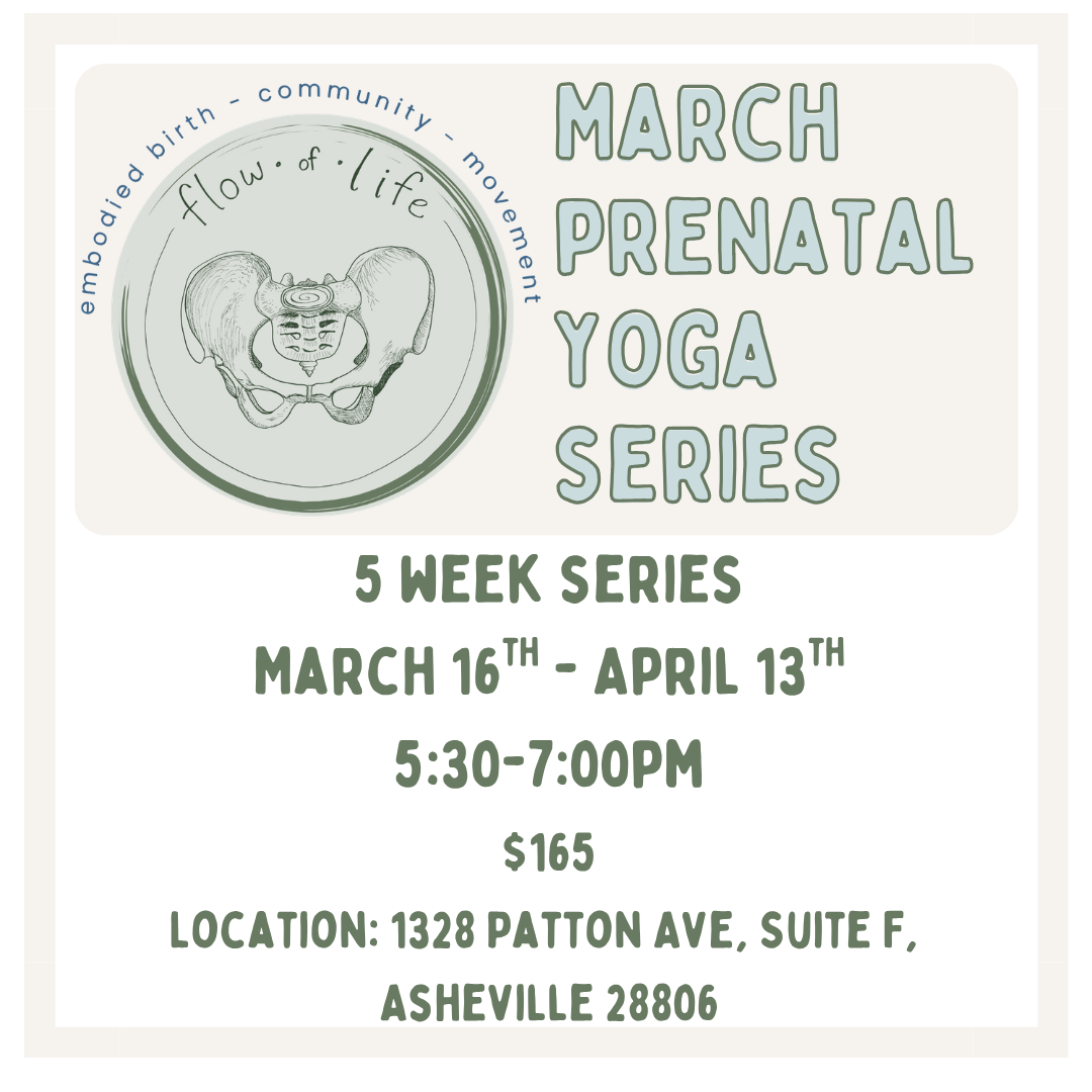 Flyer for March Prenatal Yoga Series, 5-week program from Mar 16 to Apr 13, 5:30-7:00 PM, at The Yoga Home, with prices $150-$200, discount codes SAVE50 and SAVE25, includes artistic drawing of a pelvis with labels, and an circular icon with words '