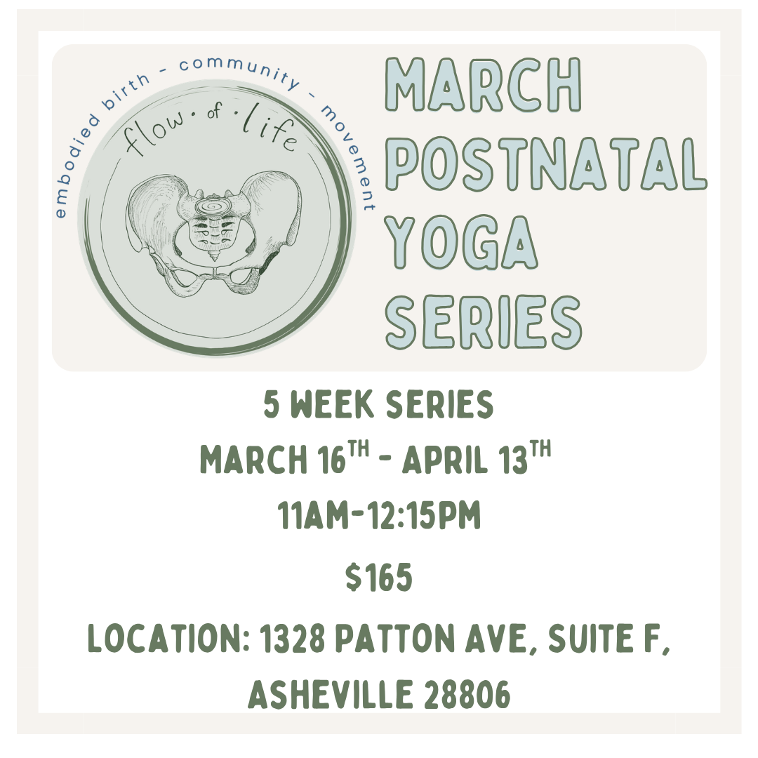 A promotional flyer for a May postpartum yoga series with information about a 5-week series from March 16th to April 13th, held Tuesdays from 11AM to 12:15PM. The flyer features a circular logo with a line drawing of a pel