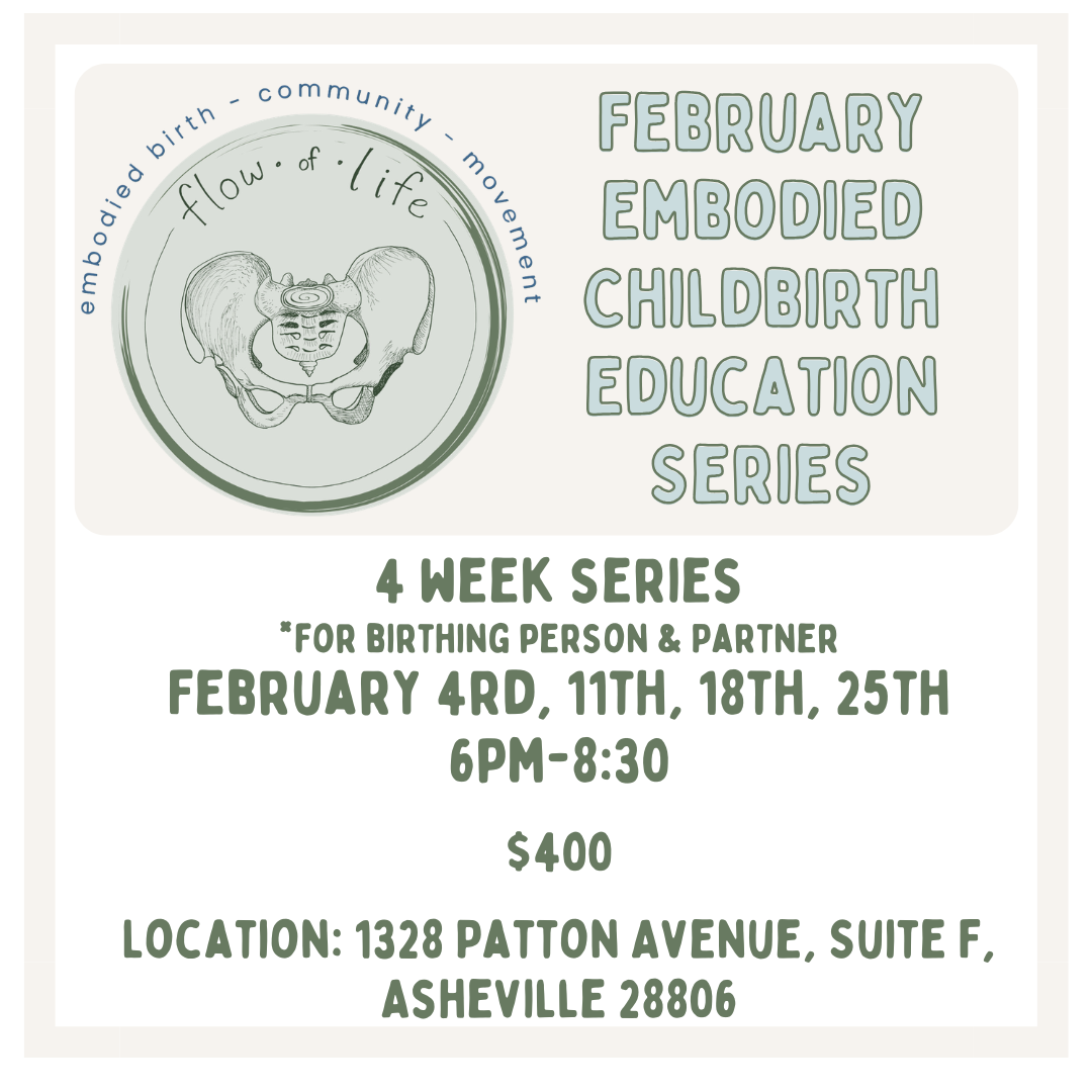 Flyer for February Embodied Childbirth Education Series, a 4-week series for birthing person and partner, with dates February 4th, 11th, 18th, & 25th, from 6 pm to 8:30 pm, featuring a logo with a pelvic illustration and the words 