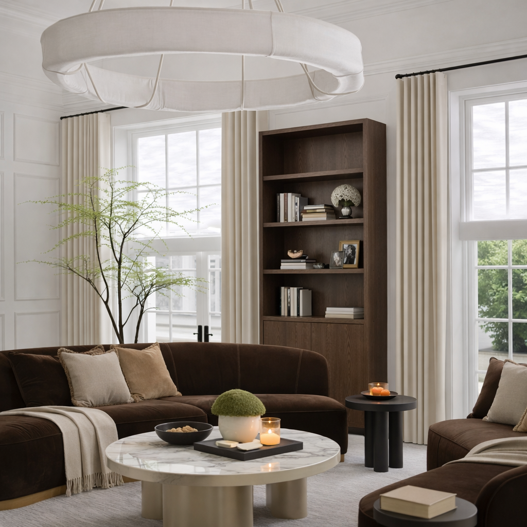 A cozy living room with a dark brown velvet sofa, a white marble coffee table, and beige curtains next to large windows letting in natural light. There is a tall wooden bookshelf with decorative items and books, a potted plant behind the sofa, and candles on the tables creating a warm ambiance.
