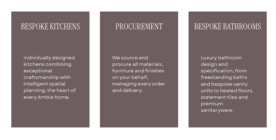 Three vertical panels with dark gray backgrounds and white text describing bespoke kitchens, procurement, and bespoke bathrooms, with details about custom design, sourcing, and luxury bathroom features.