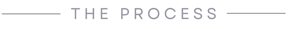 A wide, white banner with the text 'THE PROCESS' in gray capital letters and two gray lines on either side.