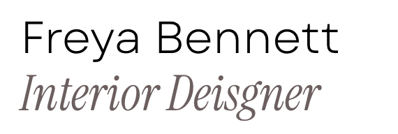 Text displaying 'Freya Bennett Interior Designer' in various fonts.