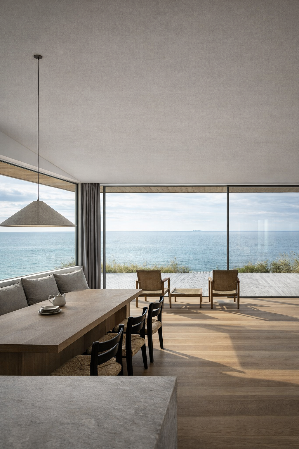 Modern living room with floor-to-ceiling windows overlooking the ocean, with a dining table, chairs, and two lounge chairs on a deck.