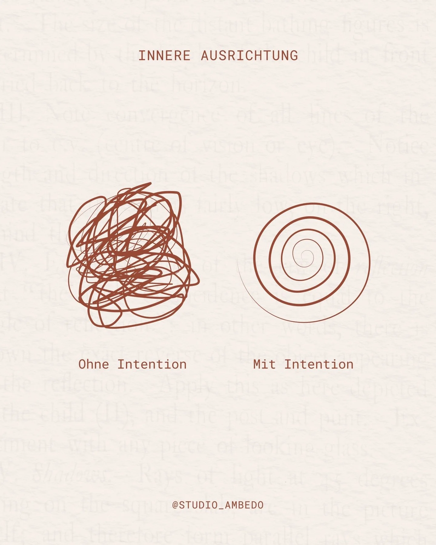 Ohne Intention wirkt alles wie zuf&auml;llige Linien. Verstreut, unkoordiniert, ungleichm&auml;&szlig;ig. Mit Intention formt sich das gleiche Chaos in eine Richtung, wie eine Spirale, die alles miteinander verbindet.

Eine Intention ist eine innere 
