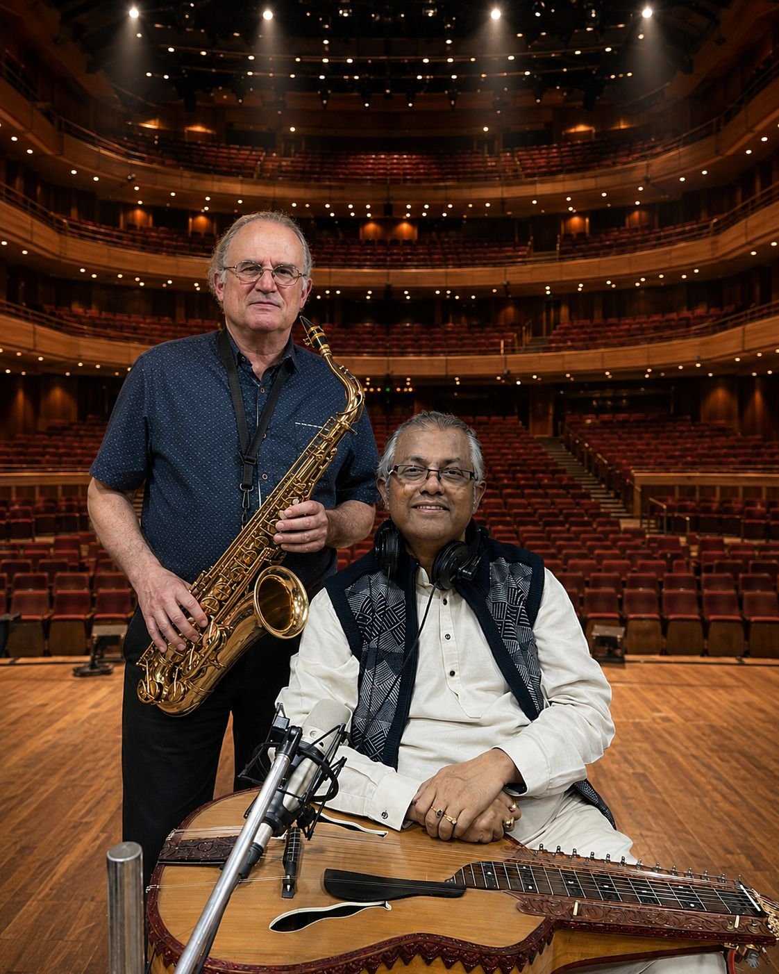 Man standing with saxophone next to man sitting with ornate guitar on his lapwith