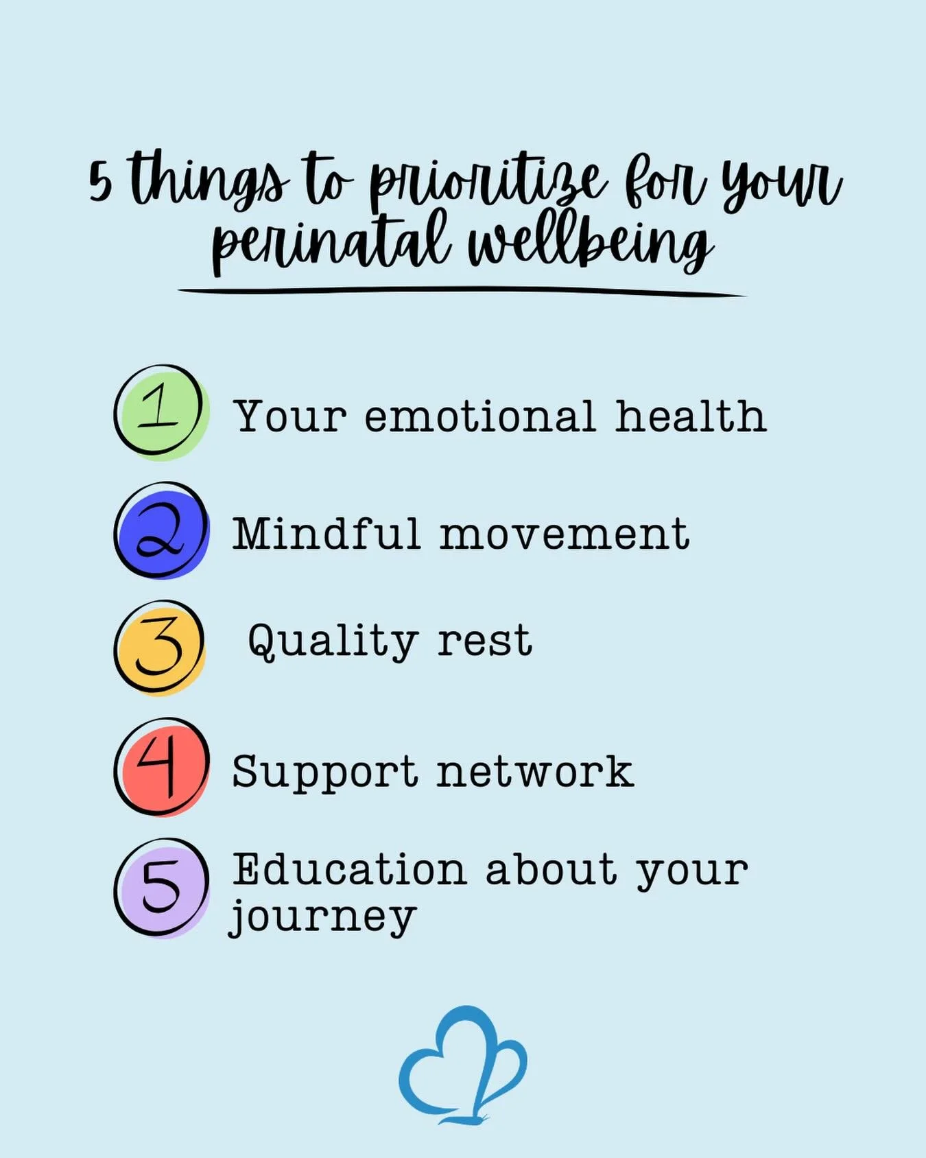 5 things to prioritize for your perinatal wellbeing 🤍

1️⃣ Your emotional health
Listening to your emotions and seeking support is part of the journey.

2️⃣ Mindful movement
Safe exercise such as prenatal yoga or gentle stretching.

3️⃣ Quality rest