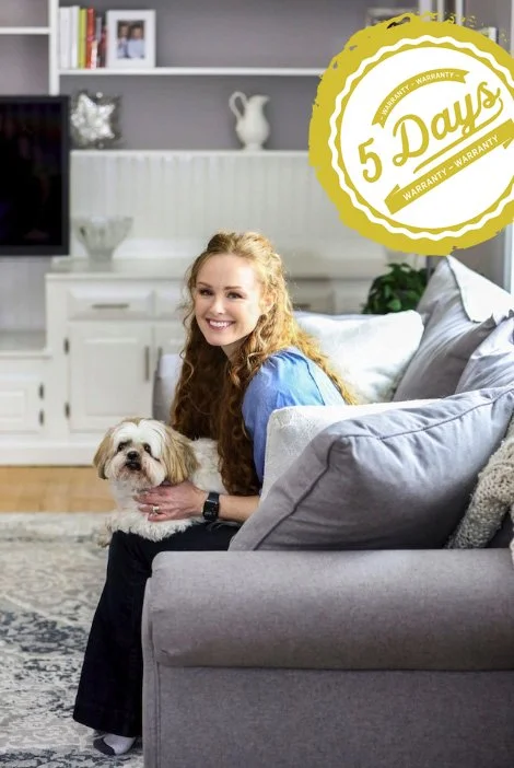 Katie Azevedo with her dog, next to a 5-day guarantee seal