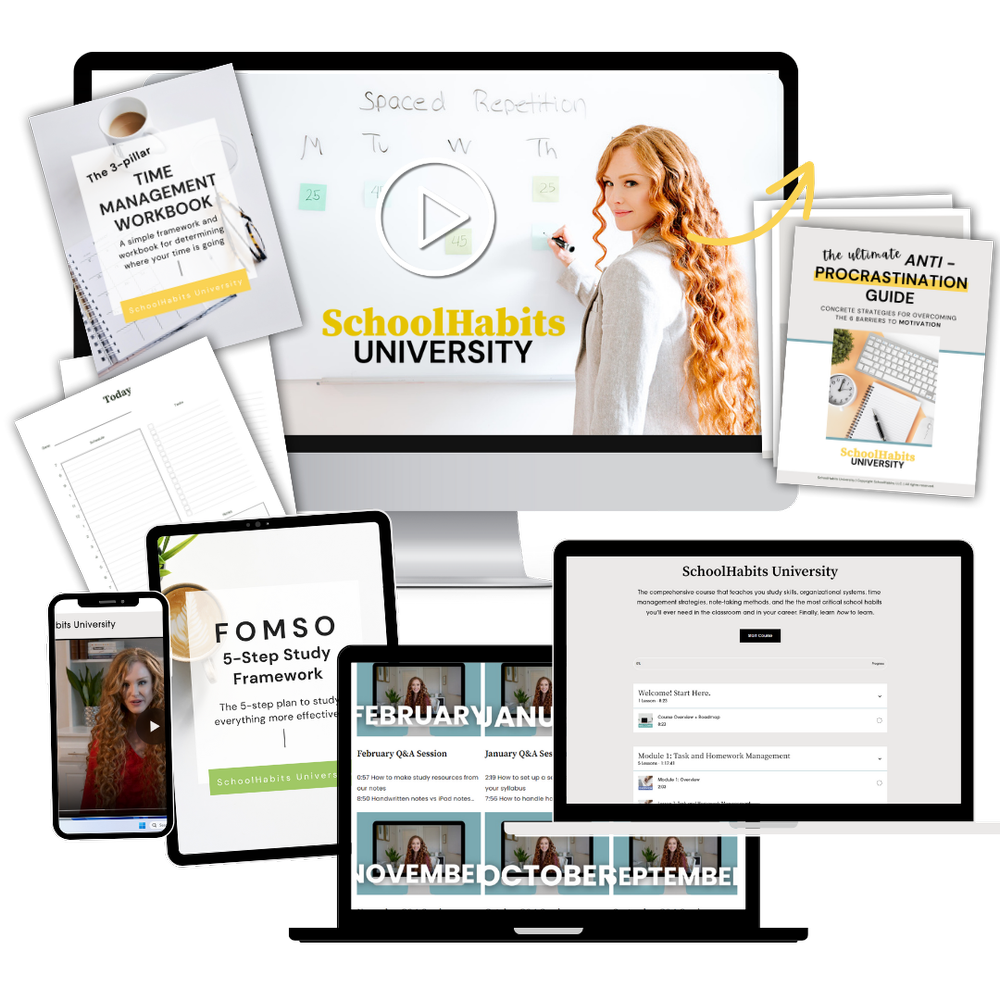 SchoolHabits University course shown on laptop, desktop, tablet and phone with workbooks and guides