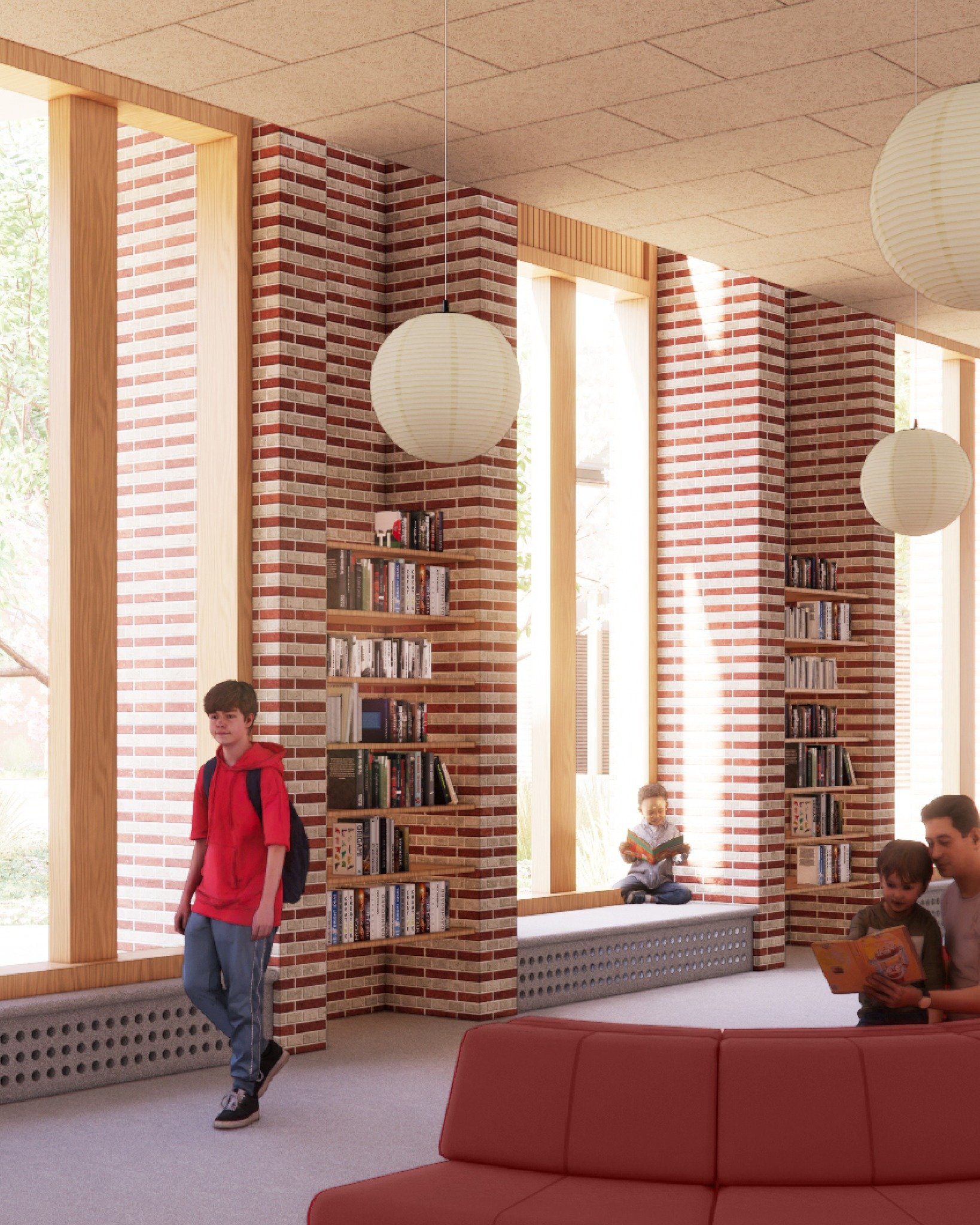 Nya Elis park &ndash; bost&auml;der, bibliotek och parktorg mitt i Upplands V&auml;sby
Byggnadens fasad mot torget &auml;r gener&ouml;st uppglasad och inneh&aring;ller sittytor som omv&auml;xlande befinner sig p&aring; byggnadens in- eller utsida. Vy
