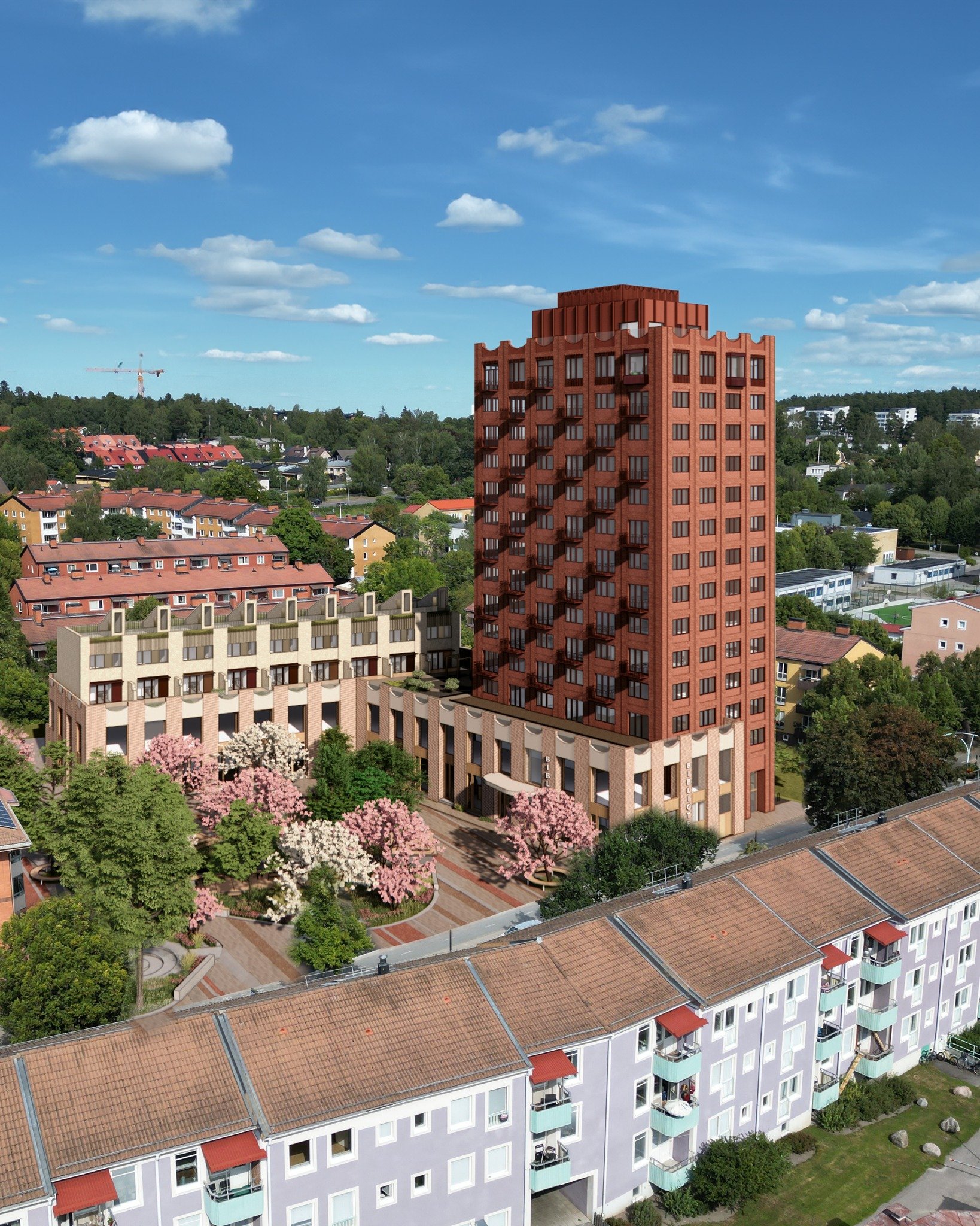 Nya Elis park &ndash; bost&auml;der, bibliotek och parktorg mitt i Upplands V&auml;sby
Byggnaden &auml;r formad som en &ouml;ppen vinkel som bildar en skyddad plats med en rygg kring det nya parktorget. Fasaderna gestaltas i kvalitativa och best&auml