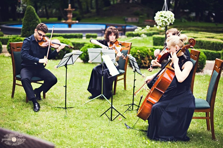 String quartet performing outdoors, featuring musicians playing violins, a viola, and a cello, with music stands and sheet music in a garden setting.