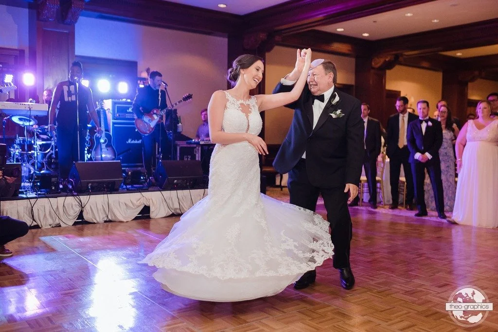 A bride and a man in a suit dancing at a wedding reception, with a live band performing in the background and guests watching.