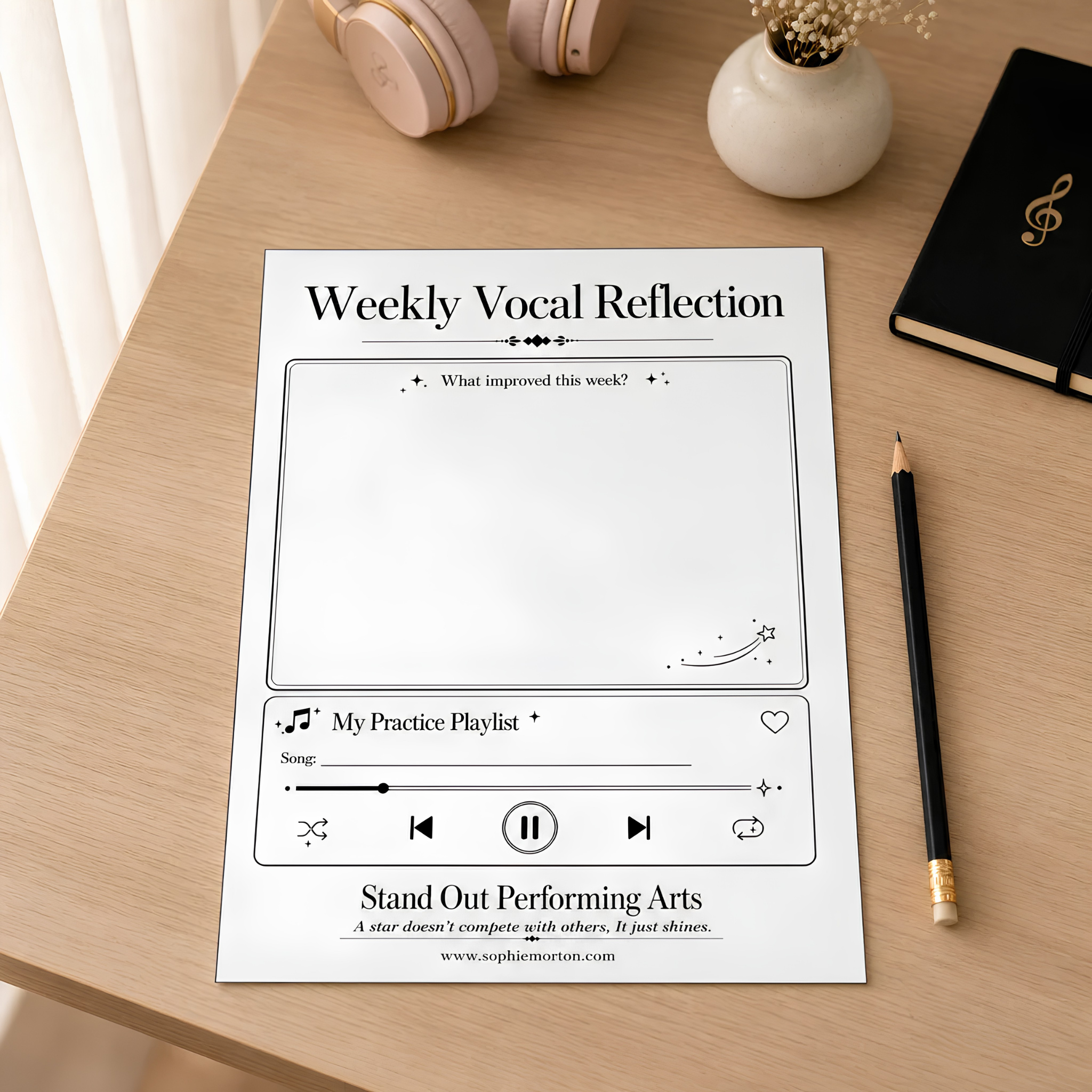 Weekly Vocal Reflection practice journal and repertoire playlist worksheet for singing lessons in Reading and Burghfield Common