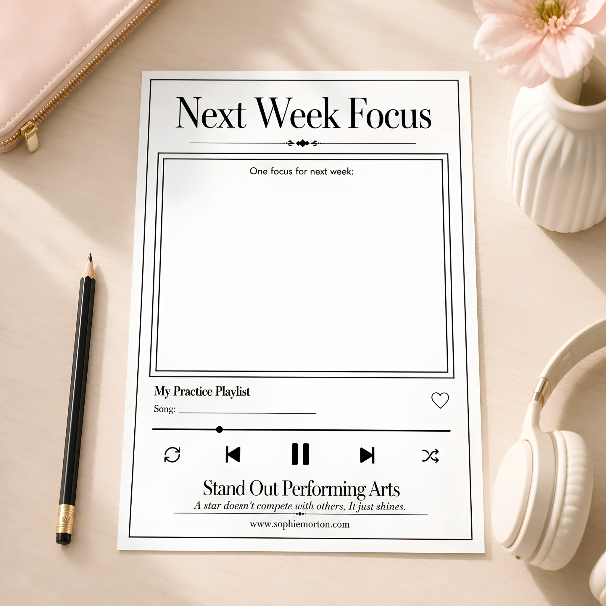 Next Week Focus goal-setting worksheet for performing arts students, singing practice and audition training