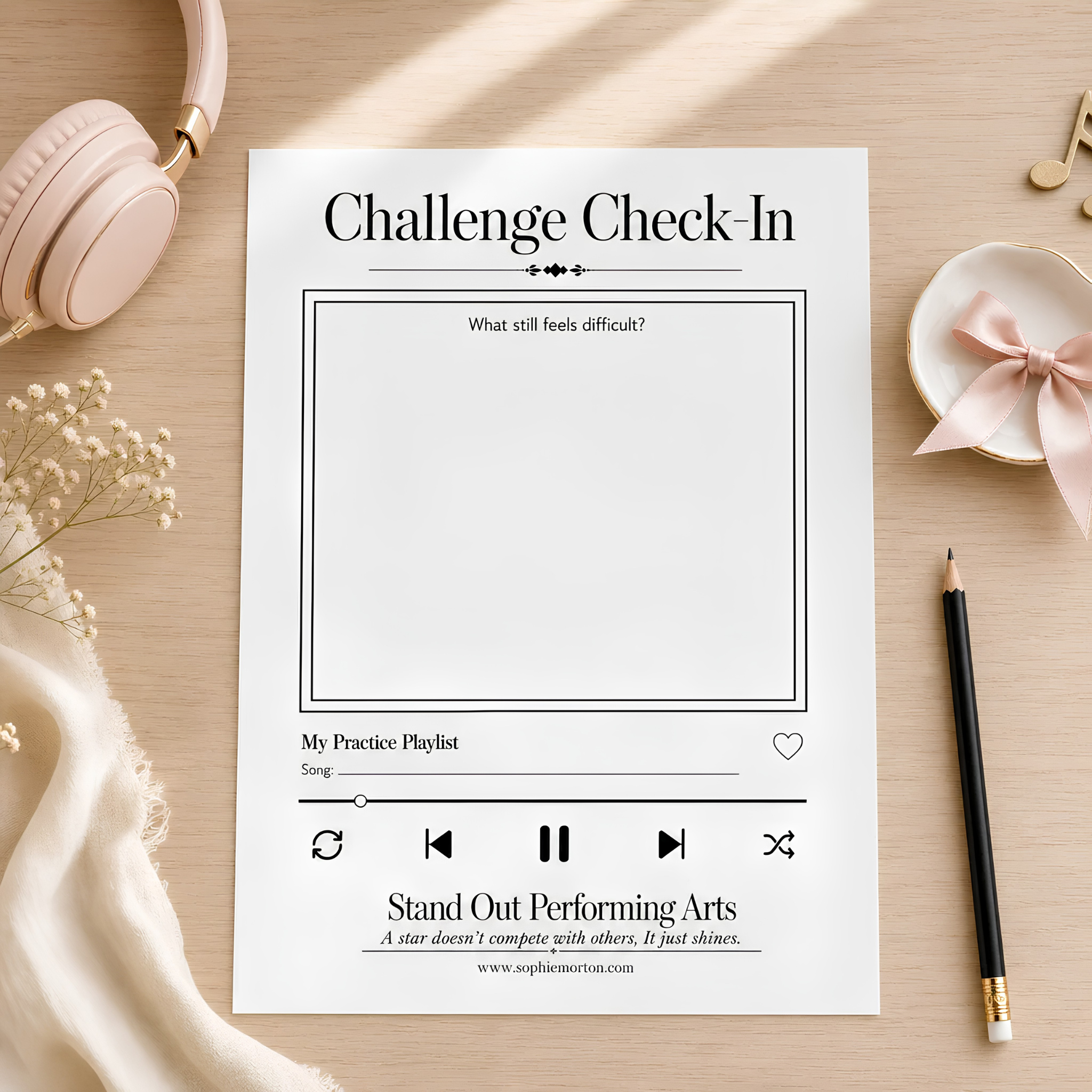 Challenge Check-In digital worksheet for vocal practice, rehearsal reflection and singing lesson progress