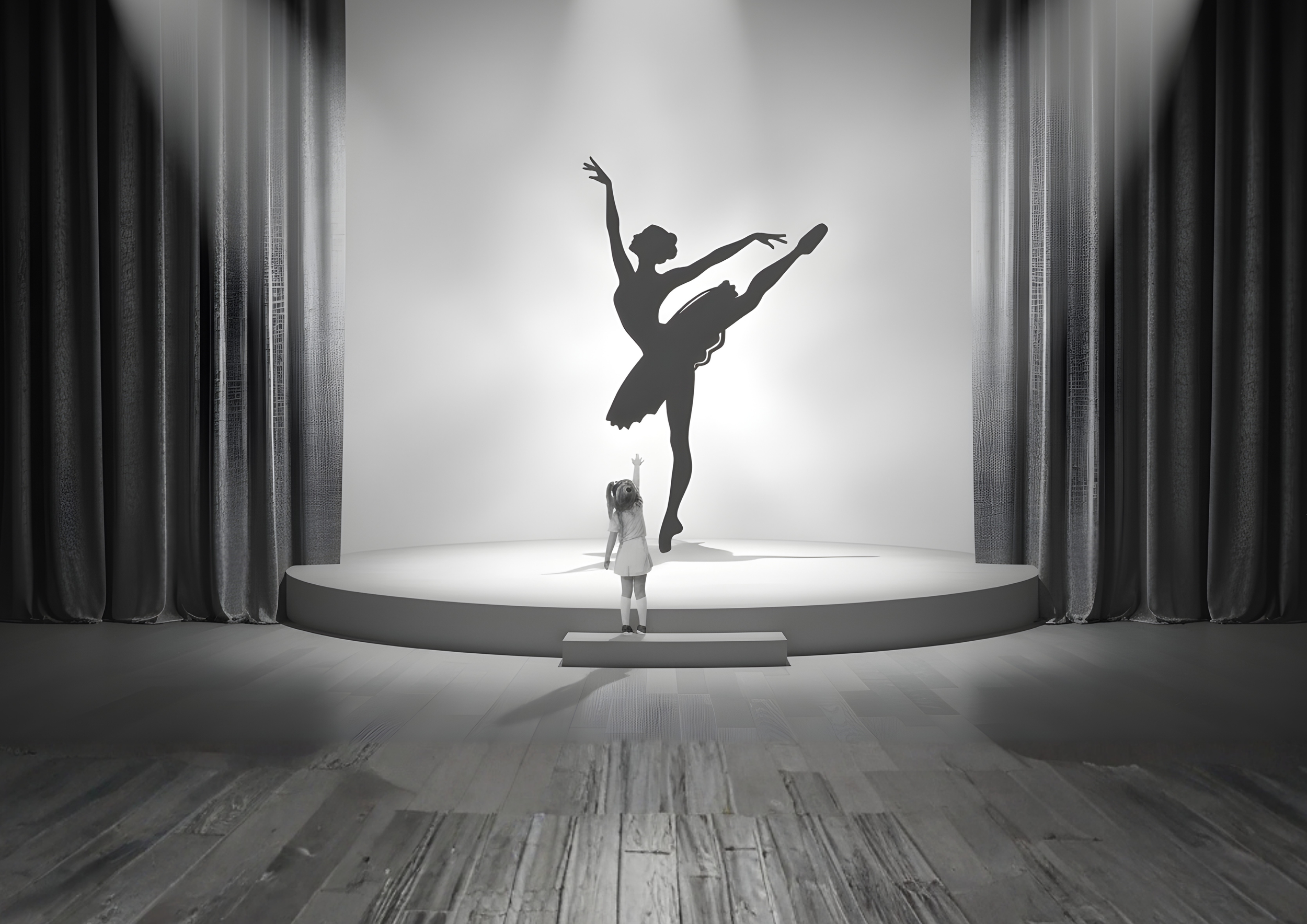 A young girl standing on a stage, facing a large silhouette of a ballerina in a dance pose, with curtains on each side of the stage.
