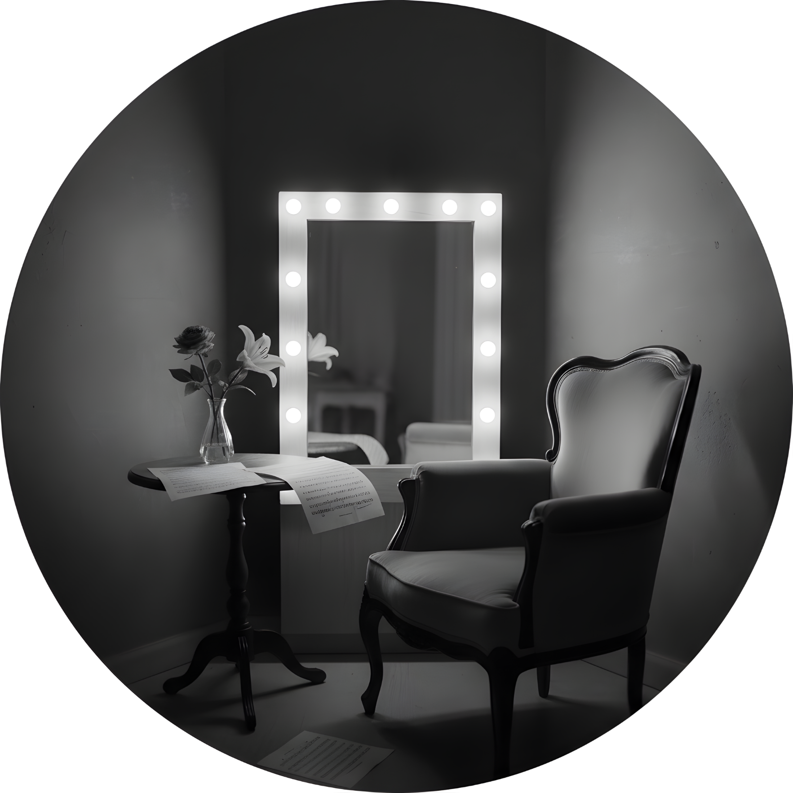 Sophie Morton Brand Artwork: An elegant, cinematic dressing room with a glowing vanity mirror, vintage chair, and sheet music, representing the life of a professional performer.
