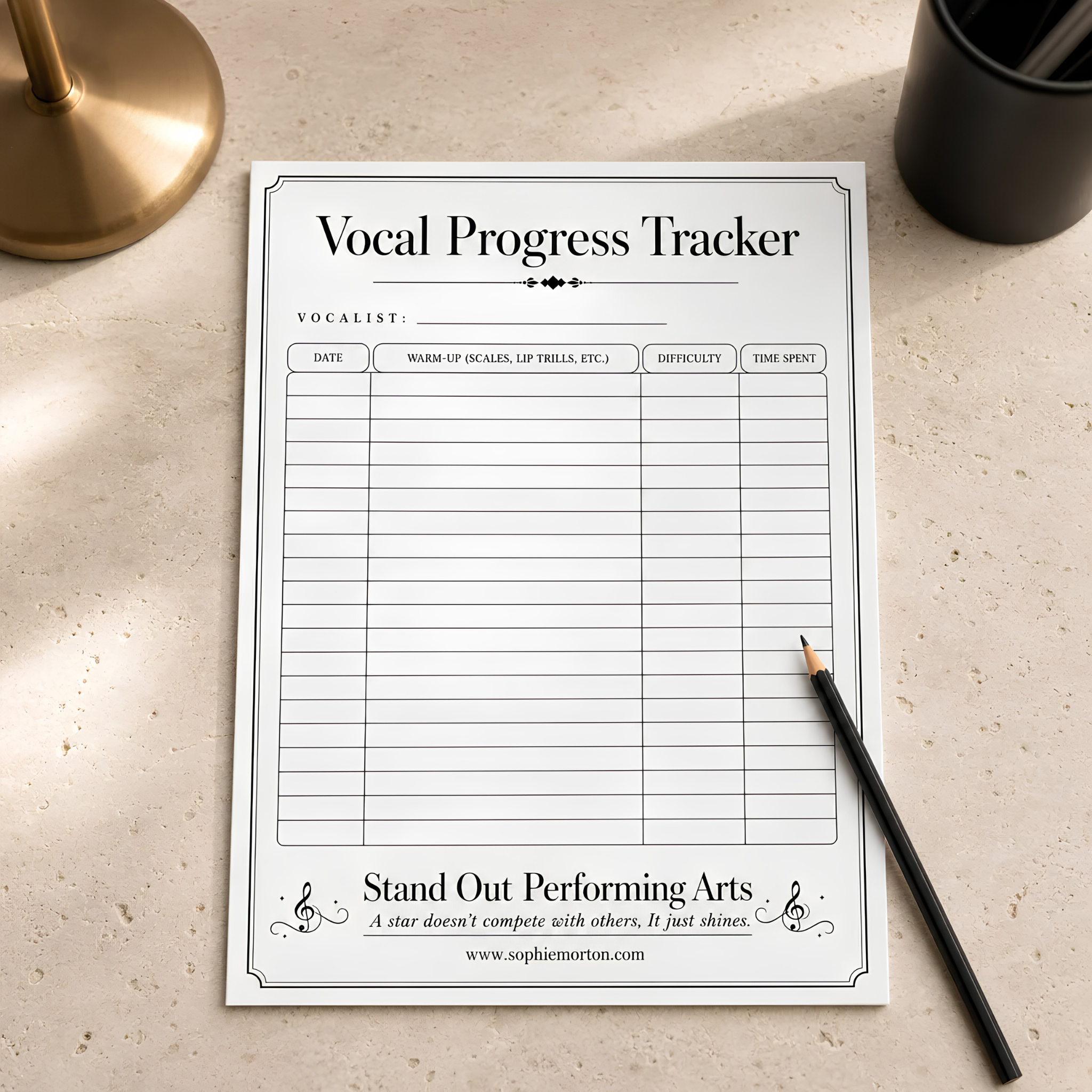 Vocal Progress Tracker worksheet for singing practice, warm-ups and vocal development by Stand Out Performing Arts