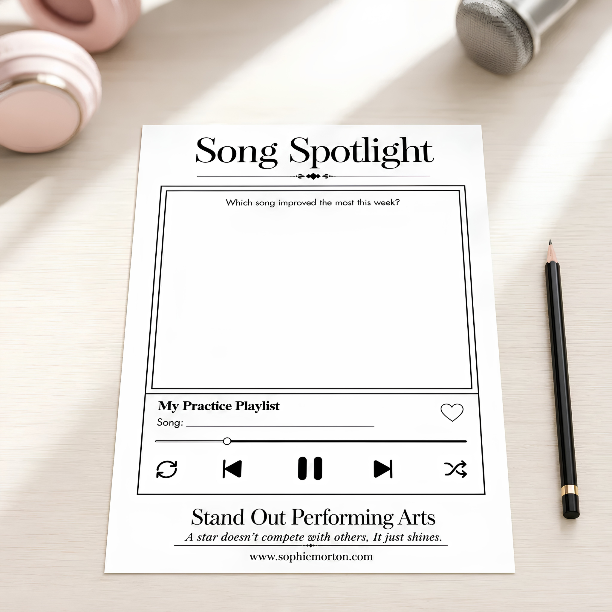 Song Spotlight vocal practice reflection and repertoire playlist worksheet from Stand Out Performing Arts