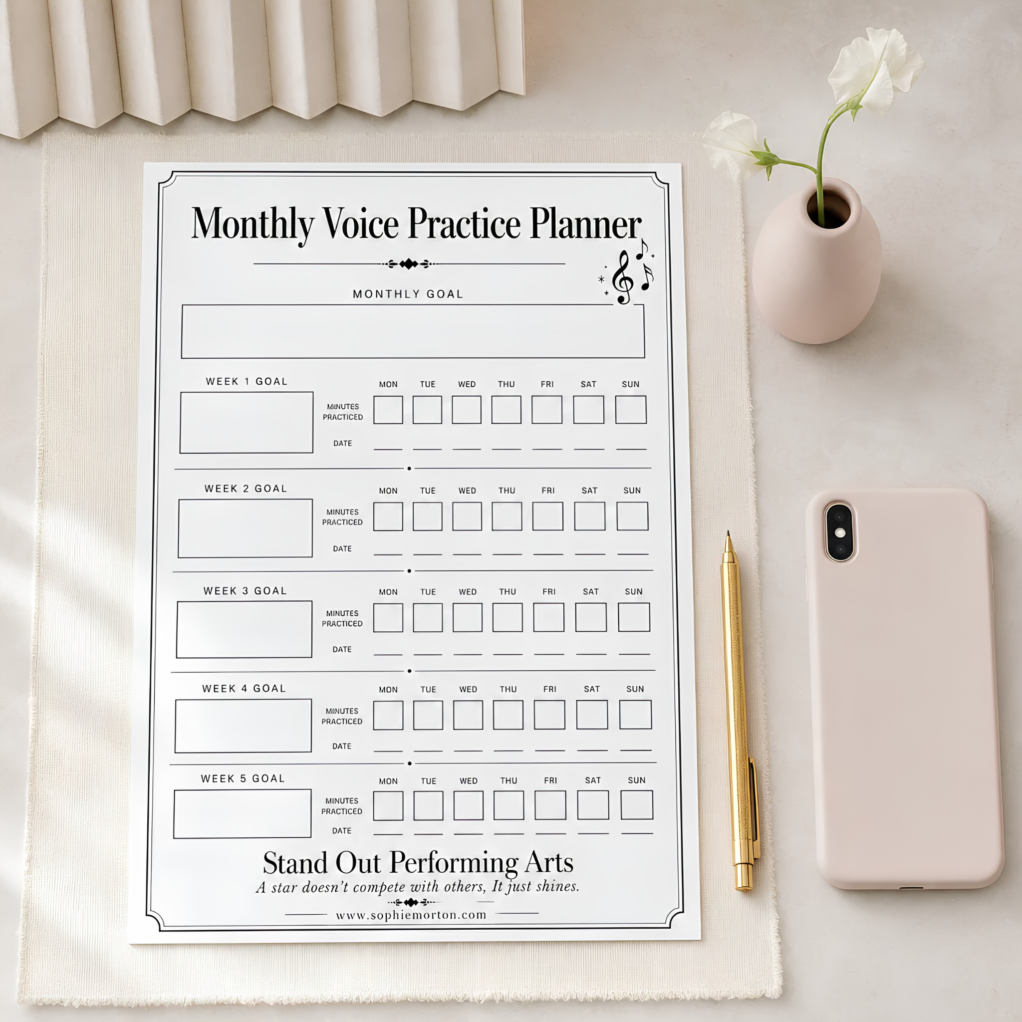 Monthly Voice Practice Planner digital download for singing lessons and vocal goals from Stand Out Performing Arts