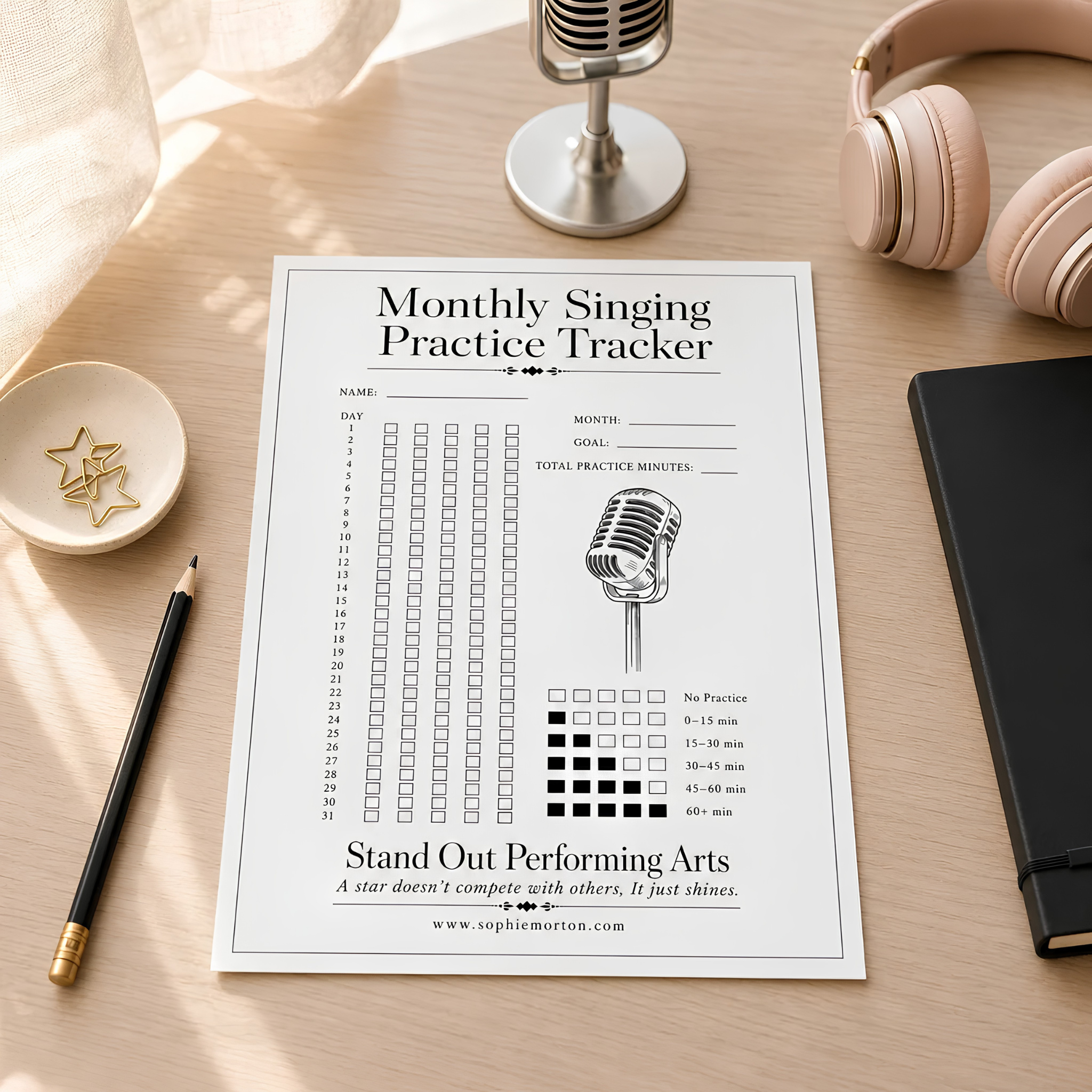 Monthly Singing Practice Tracker worksheet by Stand Out Performing Arts for vocal students in Burghfield Common, Reading and Berkshire