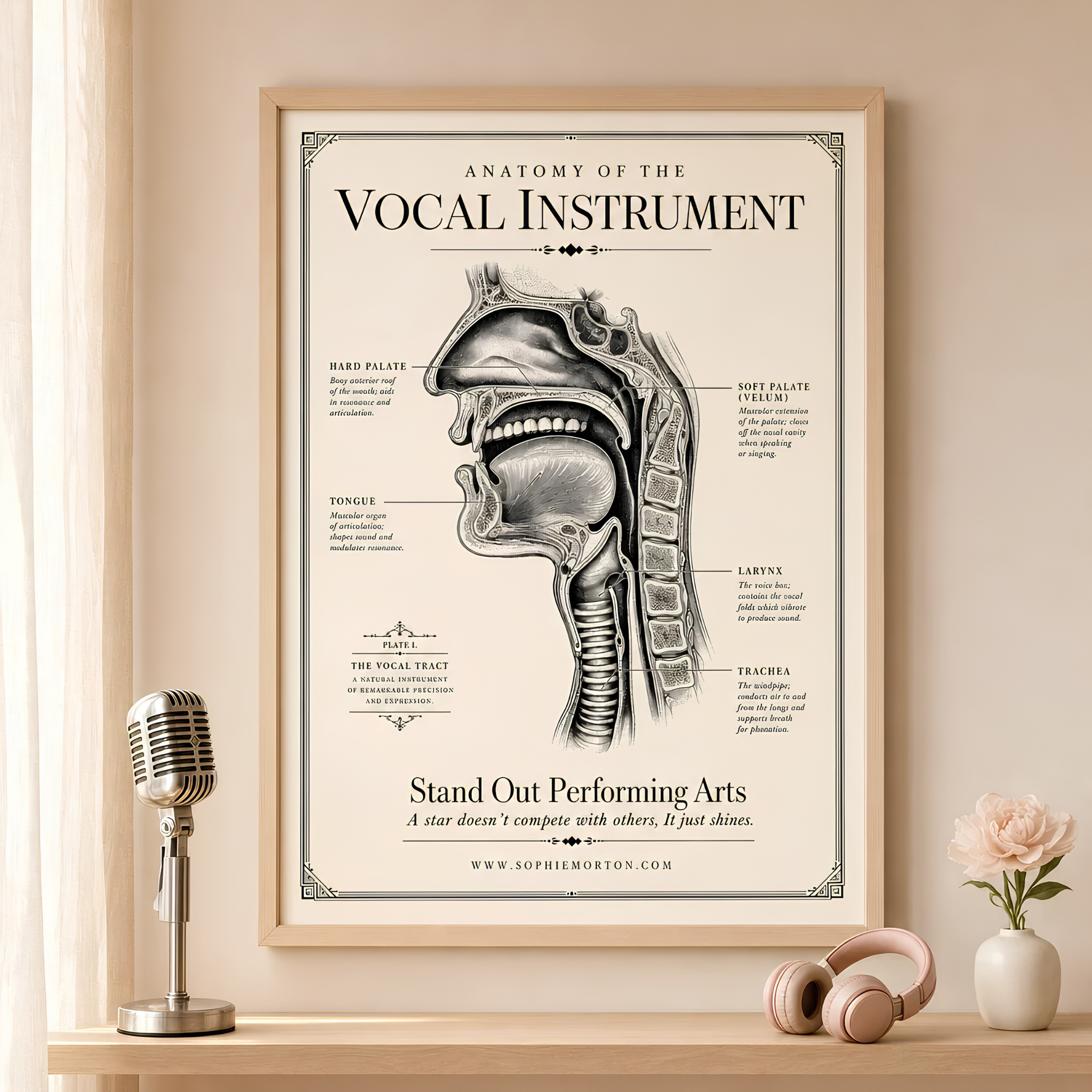 Anatomy of the Vocal Instrument poster for singing lessons, vocal anatomy and voice care by Stand Out Performing Arts in Berkshire