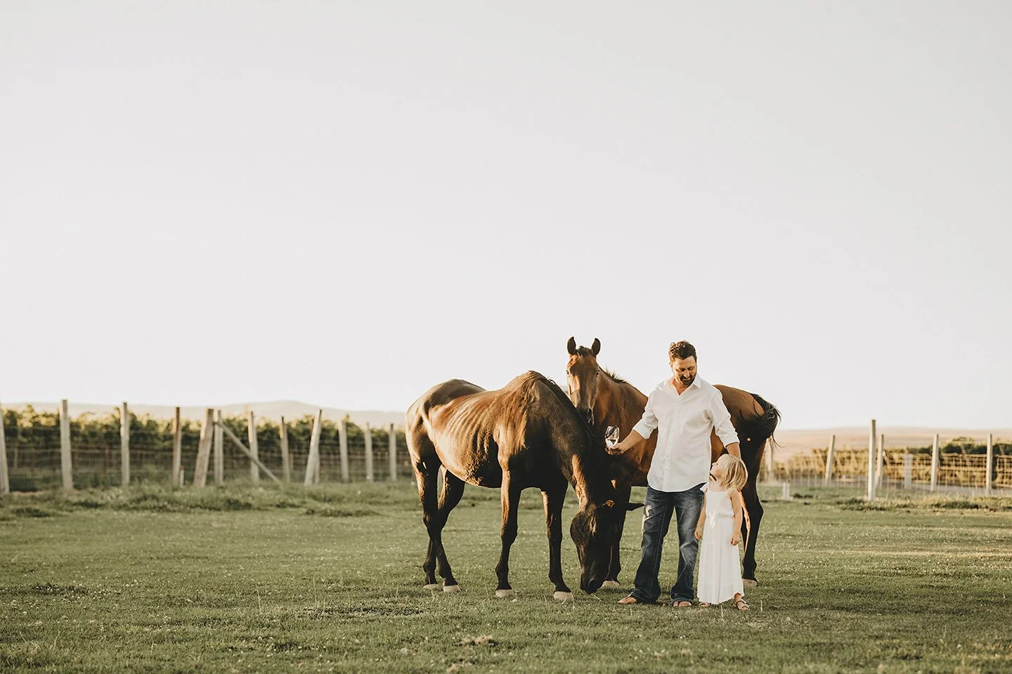 Hampton-style sunset moment of a father and daughter with their horses at the ranch in Prosser, WA