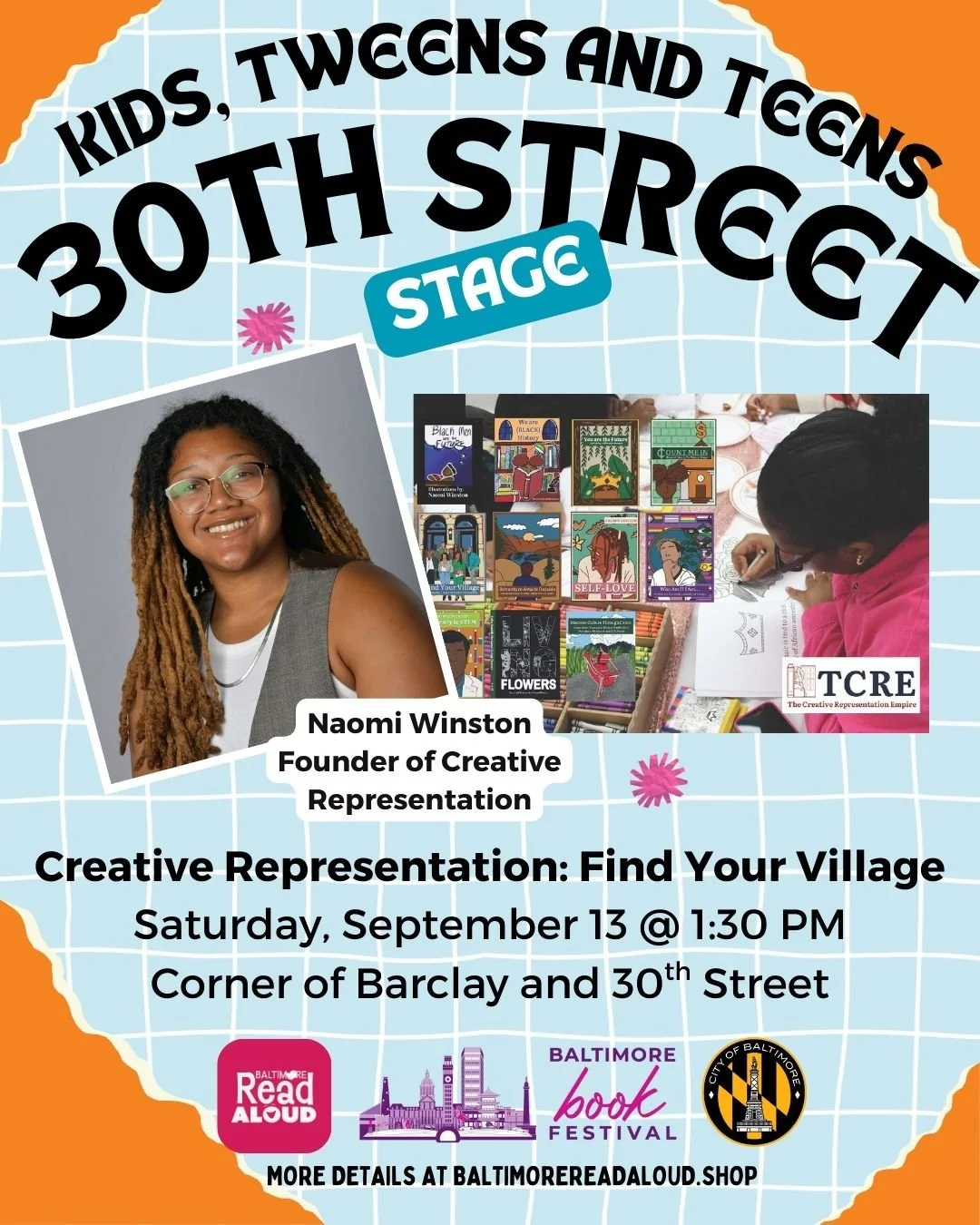 Saturday, September 13 at 1:30 PM
Creative Representation: Find Your Village

@baltimorebookfestival @waverlymainst @revolutionaryheartsind 

Creative: Naomi Winston
Naomi specializes in utilizing community-curated images, stories, and patterns to cr