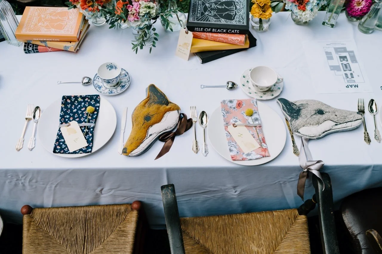 handmade napkins, name tags, books