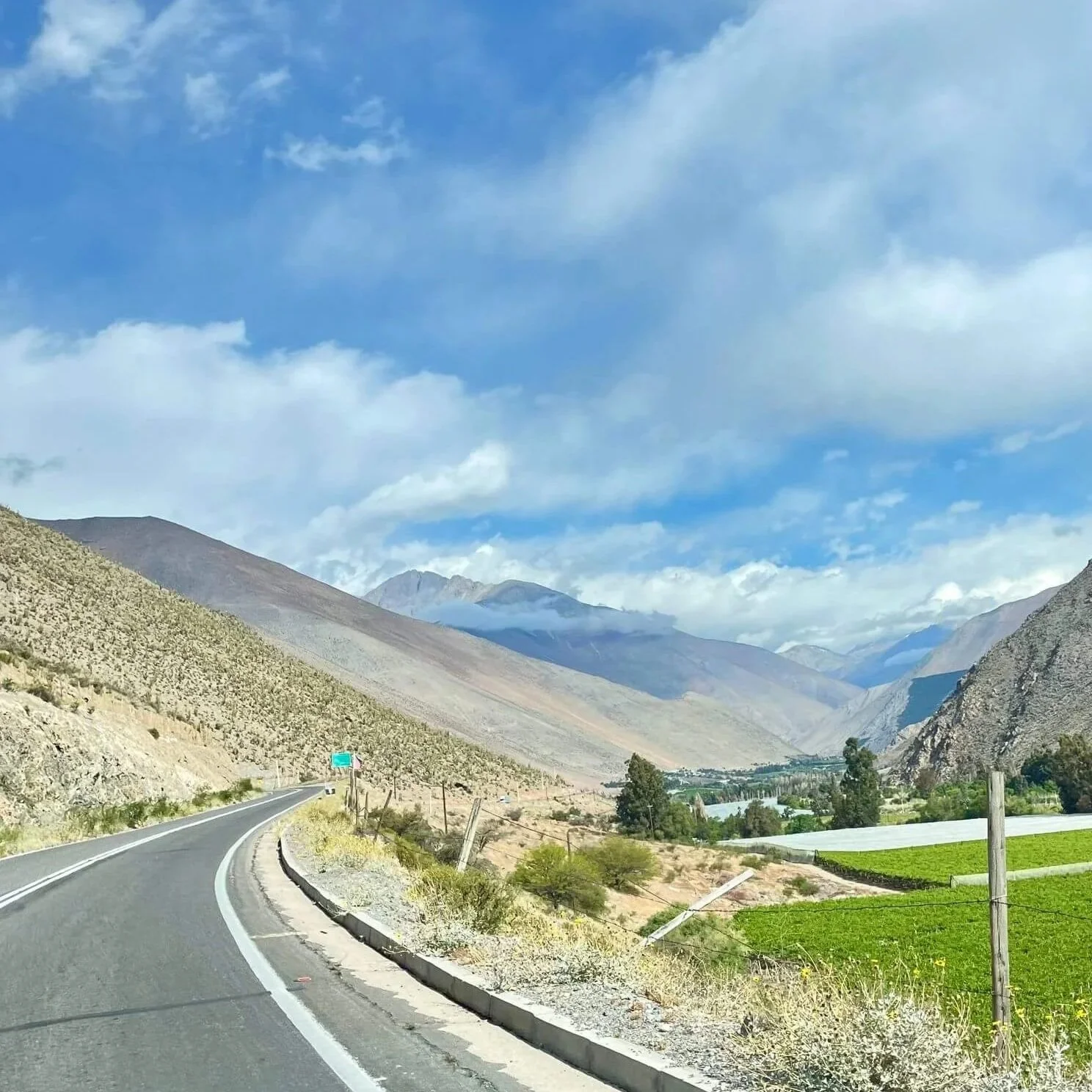 Vista panorámica del Valle del Elqui con viñedos y cerros en tonos amarillos