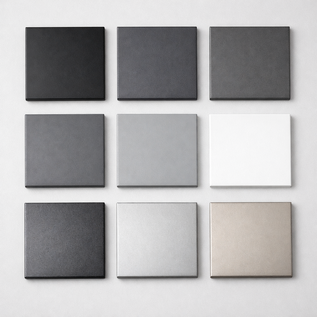 Powder coating color palette showcasing available finishes for metal fabrication projects