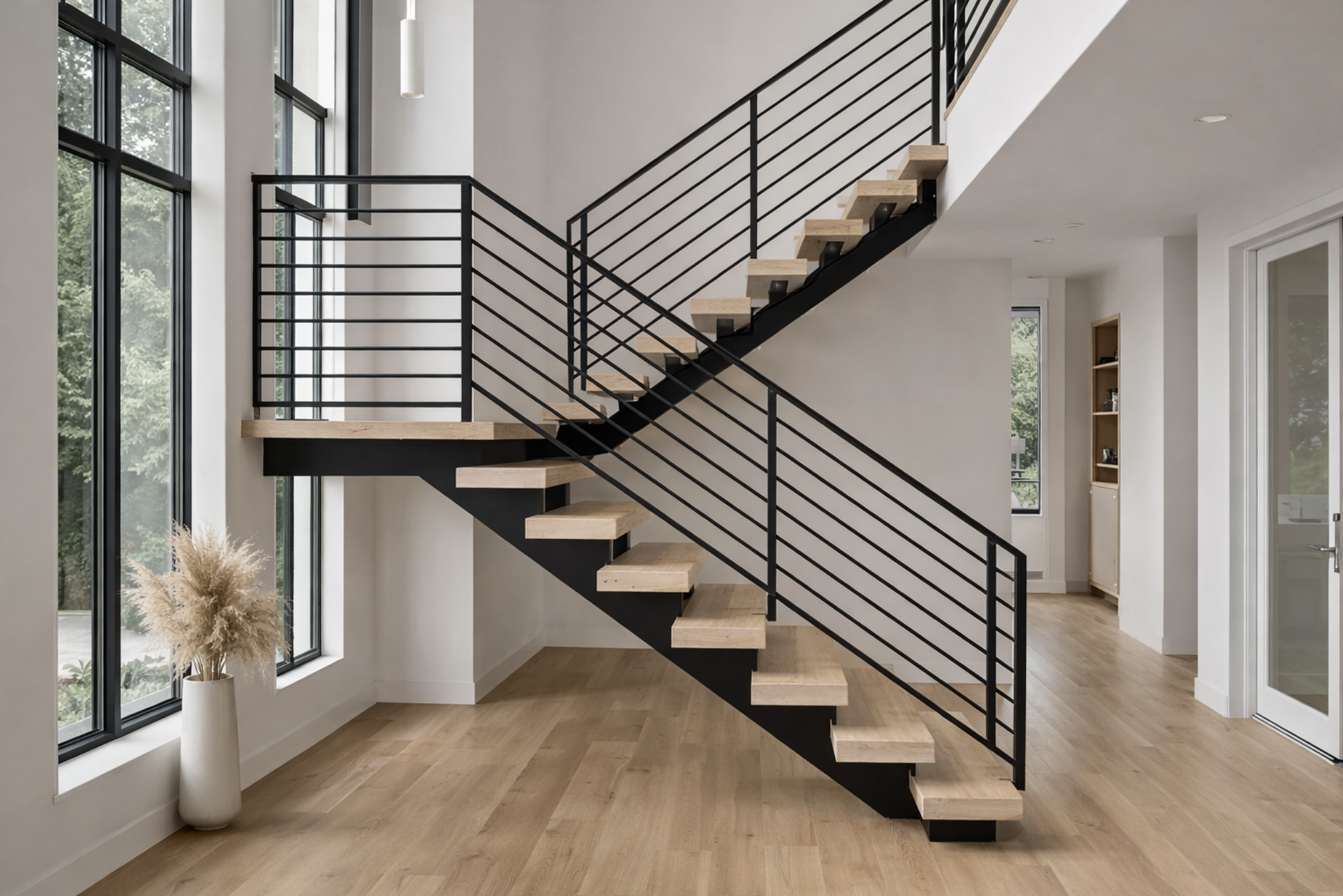 Custom metal staircase with powder-coated steel frame and wood treads
