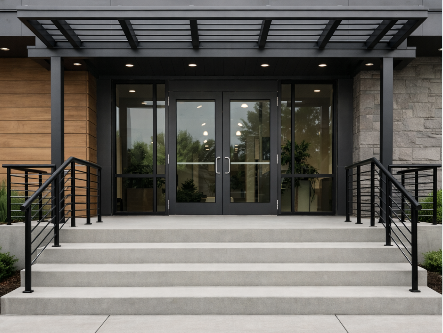 Custom metal canopy and stair structure fabricated and powder coated in-house