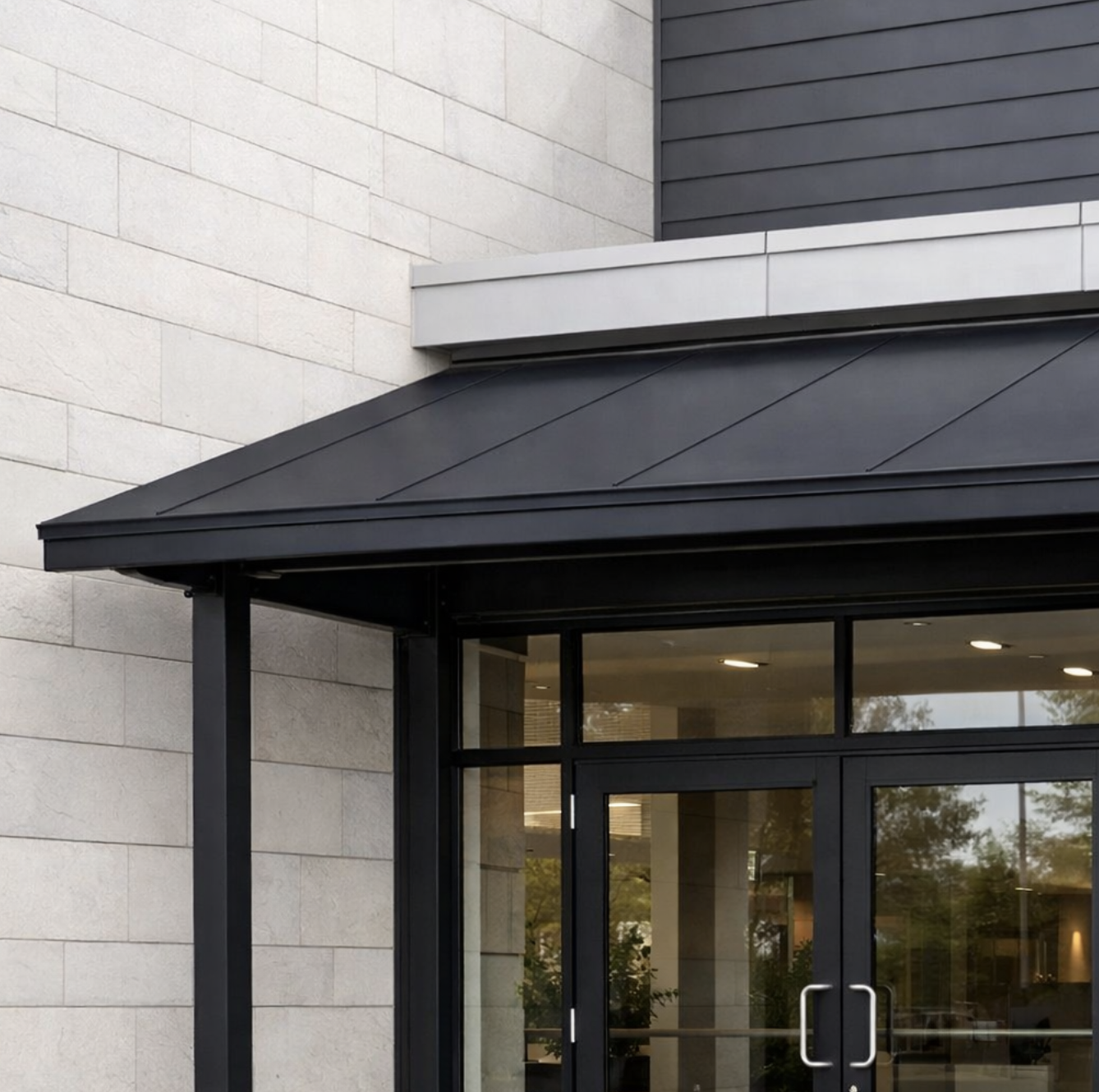 Custom metal entry canopy with powder-coated steel construction