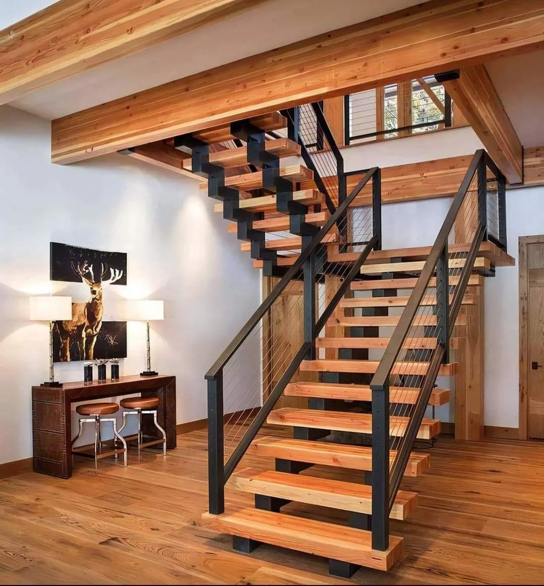 Custom metal staircase with powder-coated steel frame and wood treads