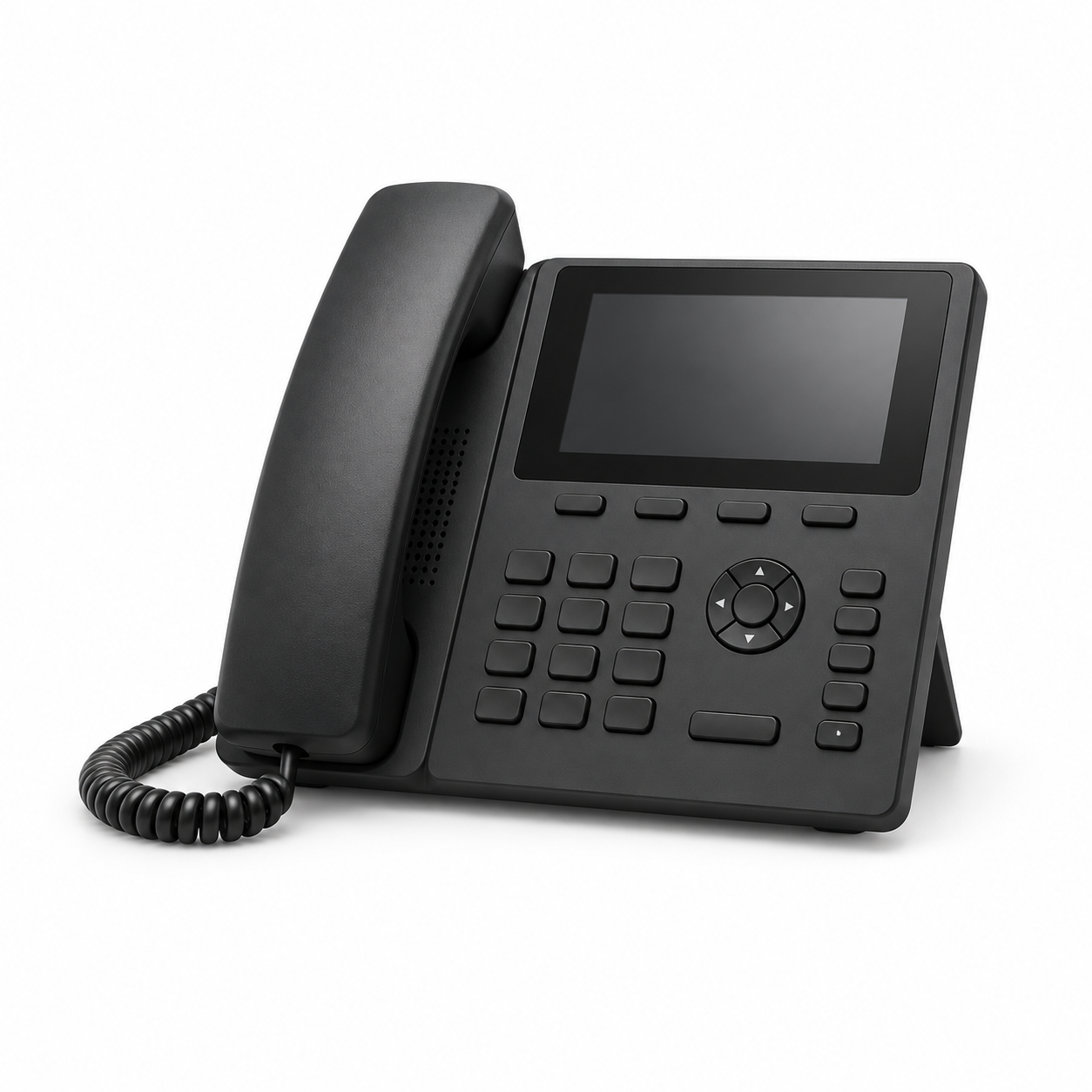 Black office landline phone with a digital display, buttons, and a coiled cord, on a white background.