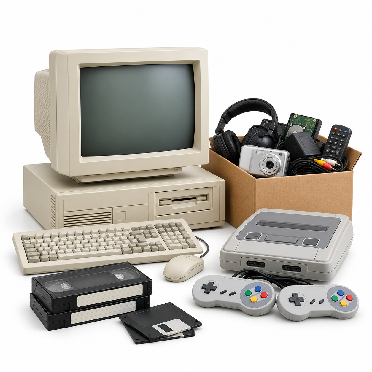 Collection of vintage gaming and computer equipment including a CRT monitor, keyboard, mouse, game controllers, floppy disks, VCRs, and a cardboard box filled with electronics accessories.